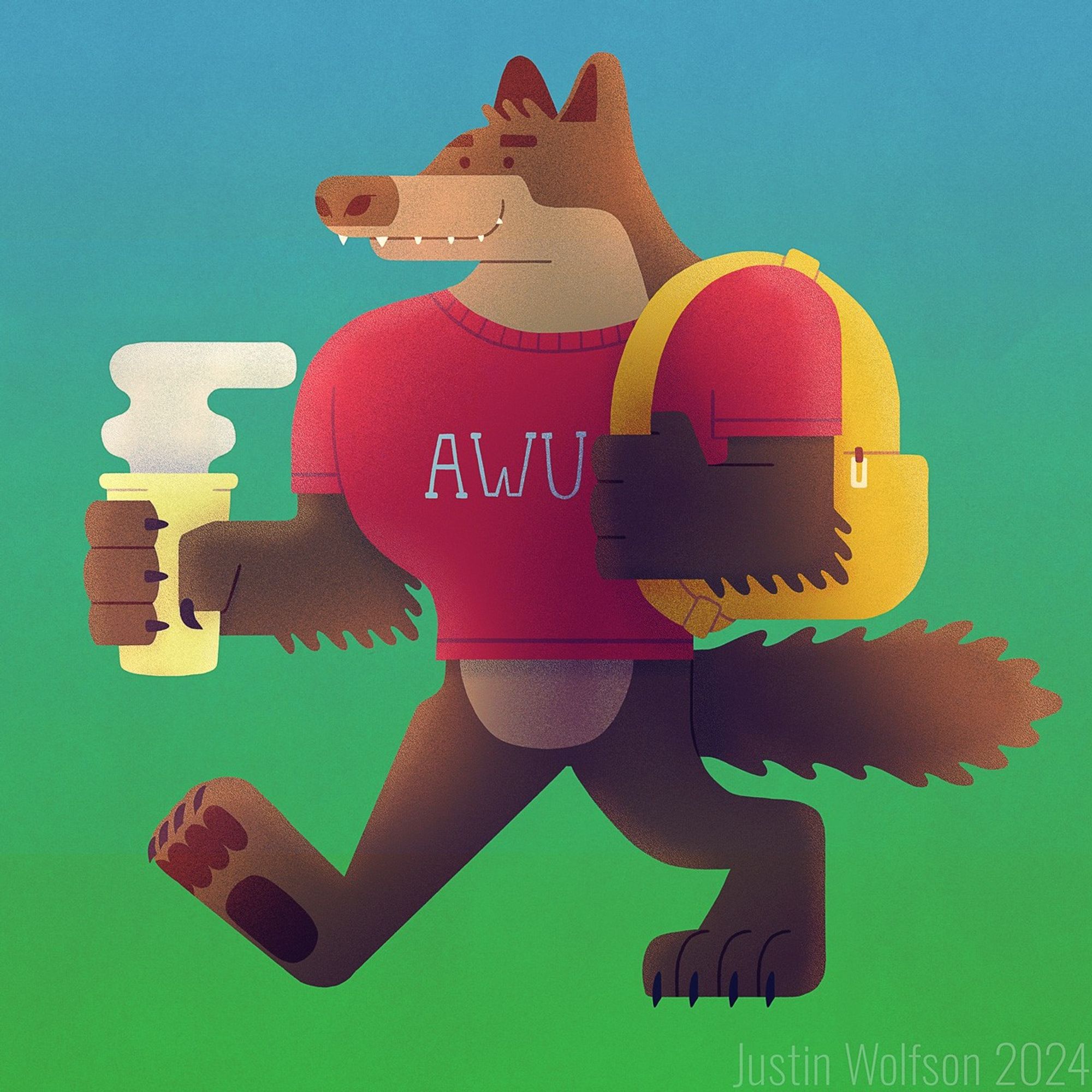 a stylized illustration of a cartoon werewolf in a walking pose. he holds a cup of steaming hot coffee in one hand and holds a yellow backpack over his other shoulder. he wears a t-shirt with the acronym "AWU" in college-style font, which stands for American Werewolf University, the premiere school for werecreatures of all kinds!