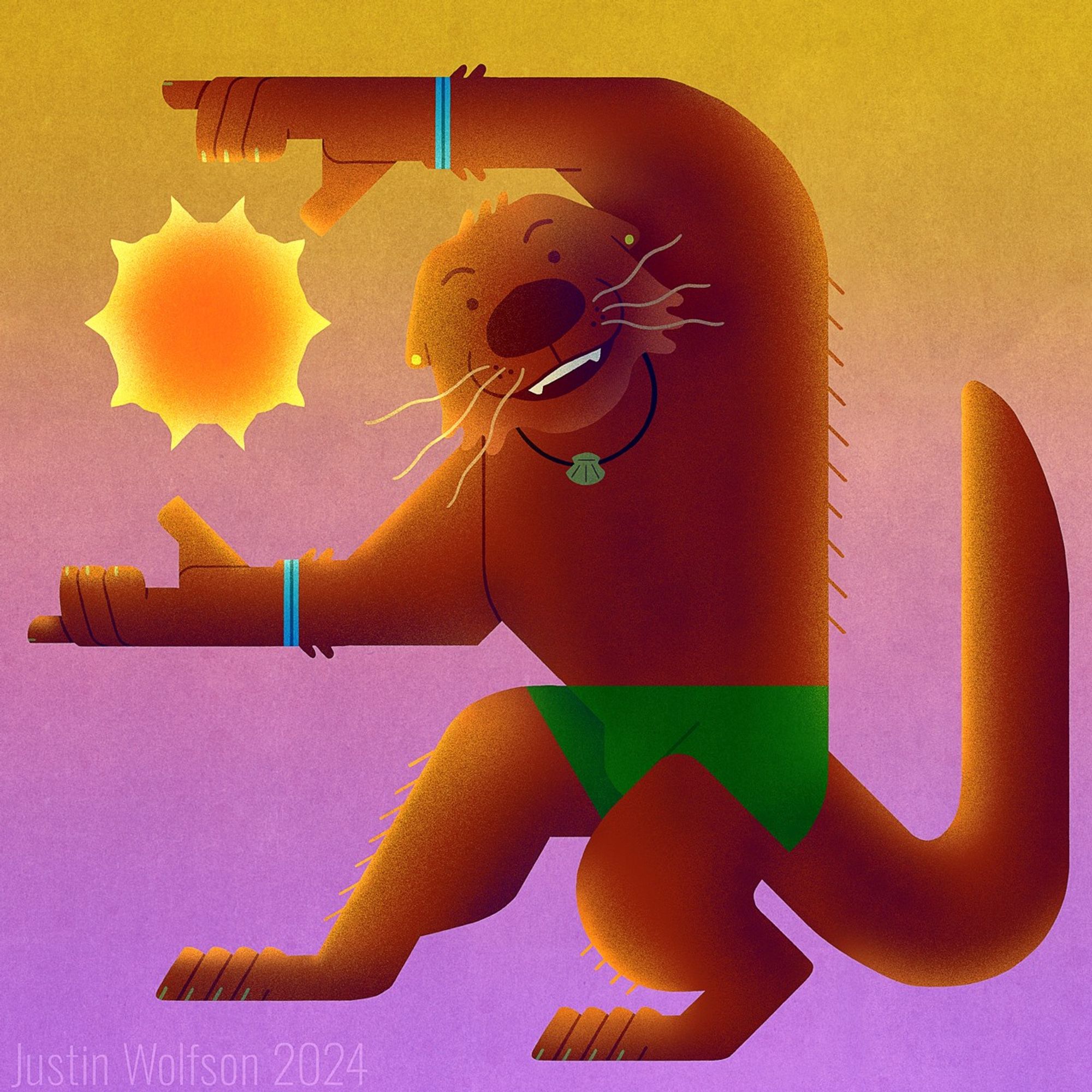 a stylized illustration of an anthropomorphic cartoon otter with brown fur wearing blue bracelets, a necklace with a shell and green swim trunks. he is crouched down with both arms outstretched to the left in order to frame the sun between his hands so that it looks like he is controlling it