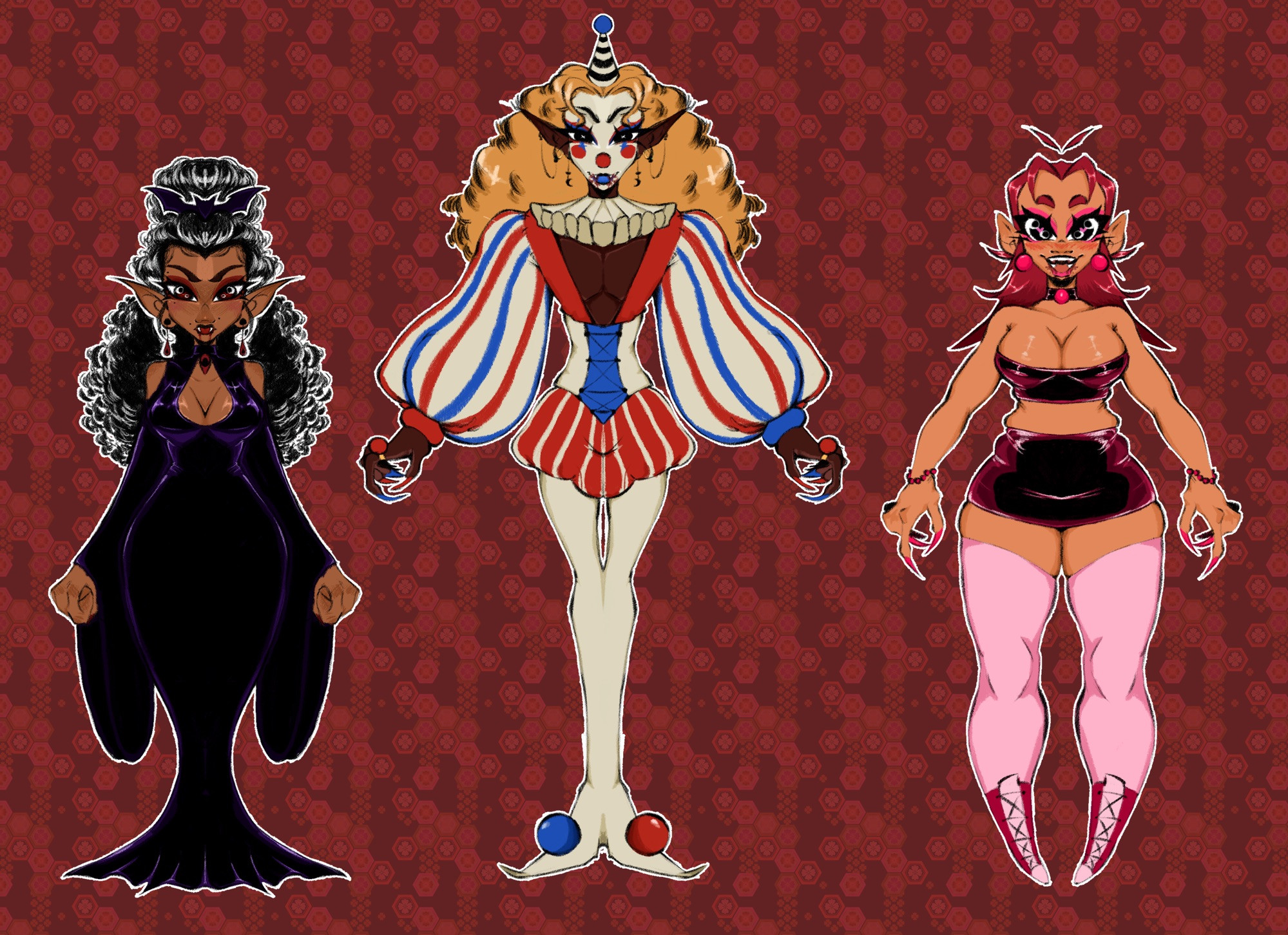 Three vampires stand against a red background with hexagonal patterning. The character on the far left wears a shiny purple dress with red earrings and a purple bat hair piece. The middle character is wearing a red open V top with puffy white sleeves that have red and blue stripes, a white and blue corset, red shorts with white stripes, white tights and shoes with a blue ball on the left shoe, and a red ball on the right shoe. The character on the right wears a pink tube top with a pink miniskirt, pink thigh highs, and hot pink converse shoes.