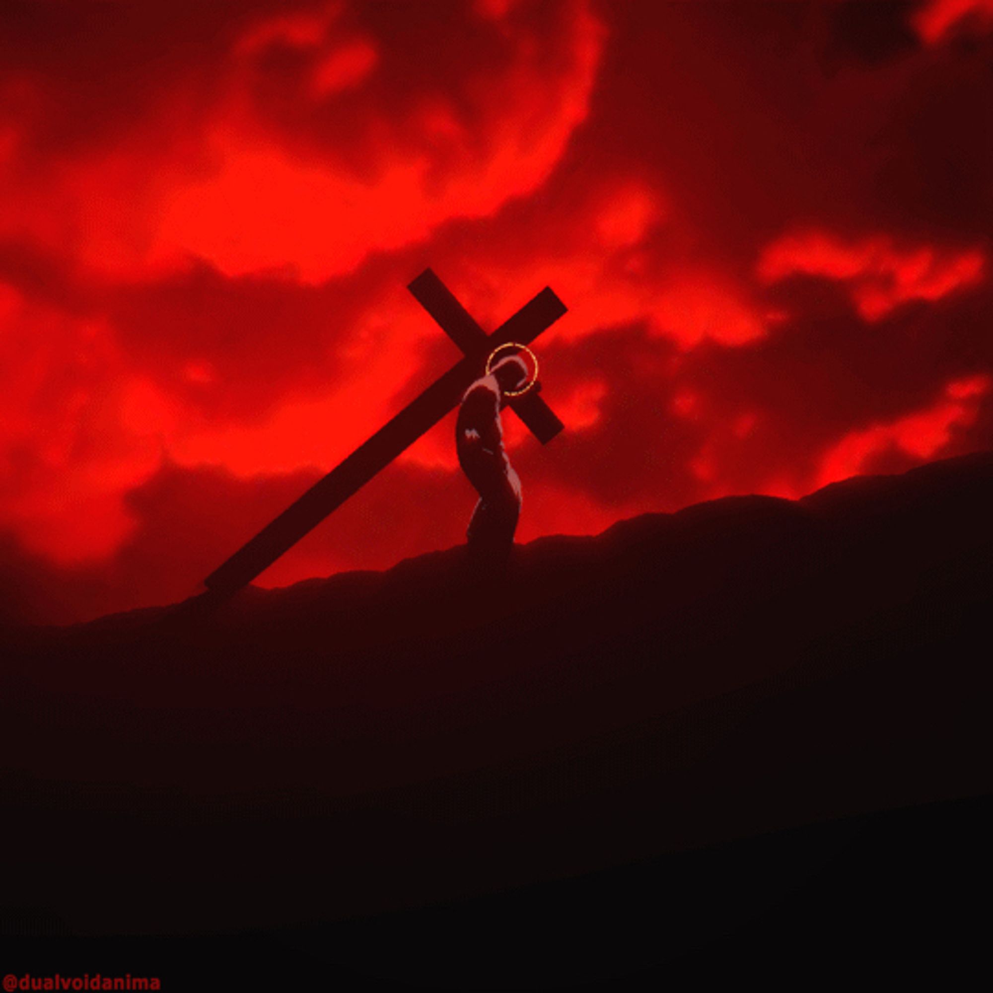 Red stormy background with Jesus Christ wearing a crown of thorns dragging a giant cross.