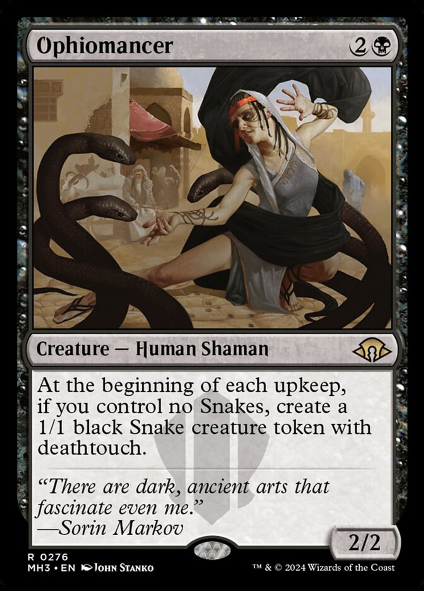 The Magic: the Gathering card Ophiomancer
2B, creature, human shaman, rare, MH3
At the beginning of each upkeep, if you control no snakes, create a 1/1 black snake creature token with deathtouch.
2/2