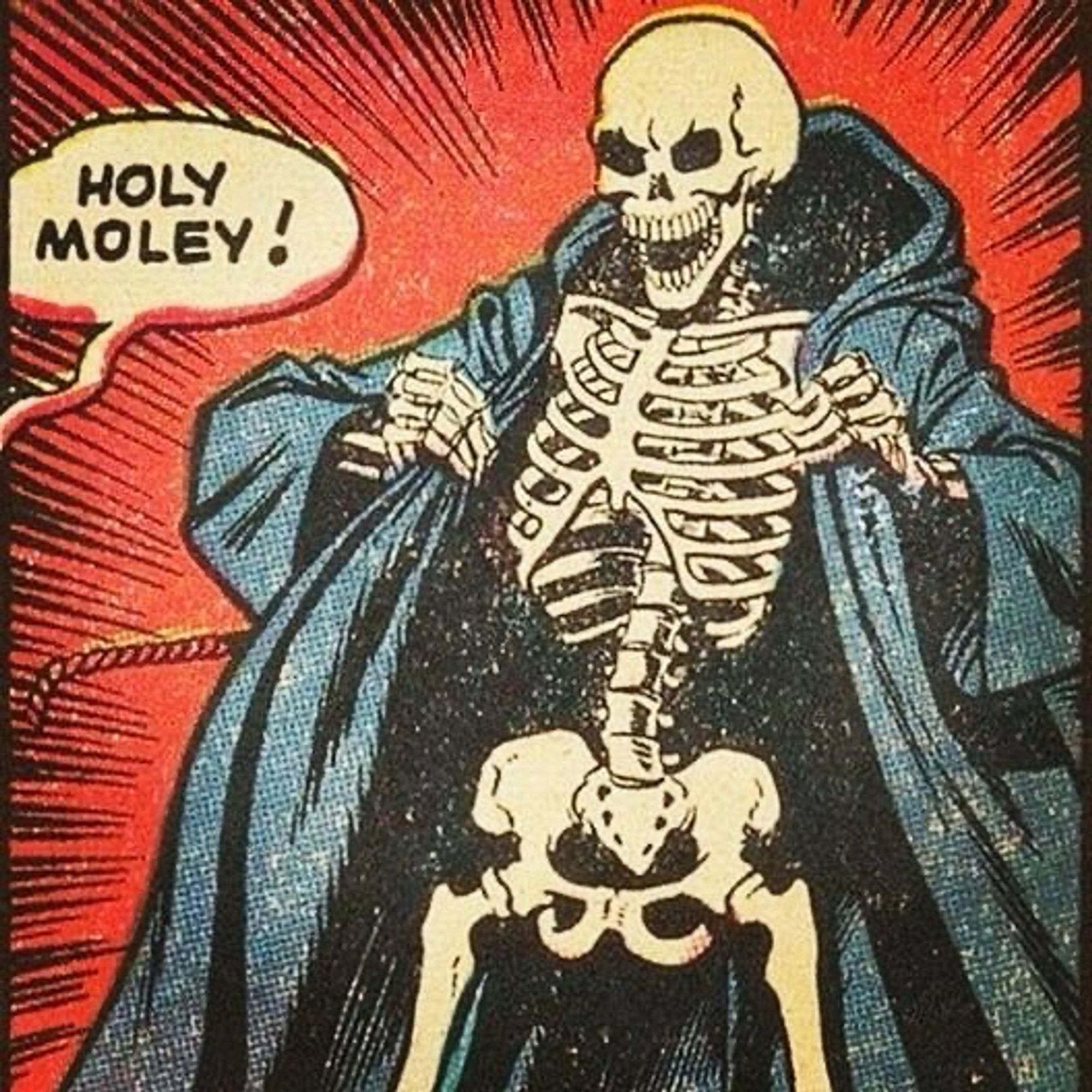 A skeleton opening their robe to show their fully exposed skeleton. A person off frame says “Holey moley!”