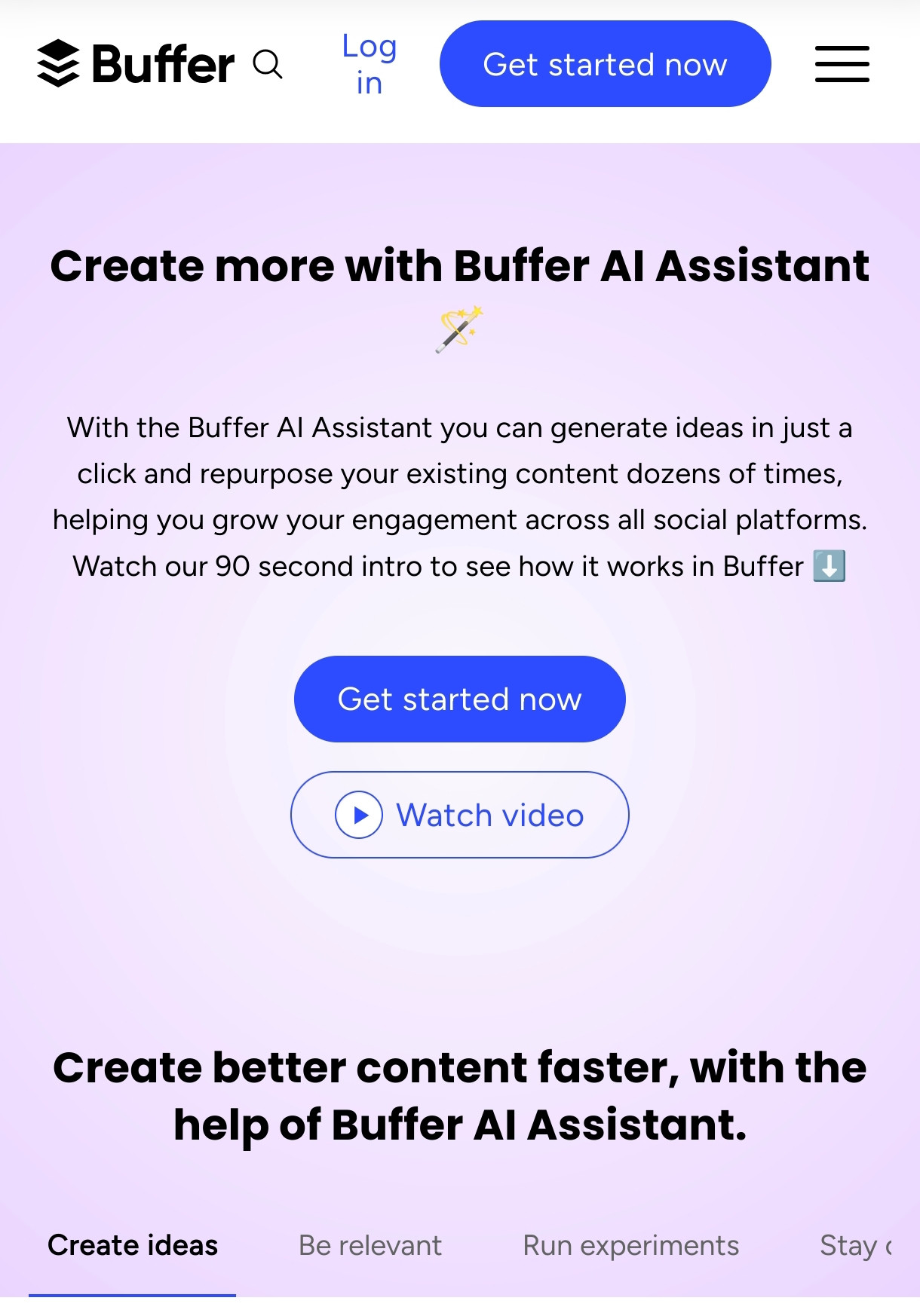 Buffers website advertising their AI assistant for using AI to "generate ideas" (steal content and post garbage) across all social platforms (including now bluesky)