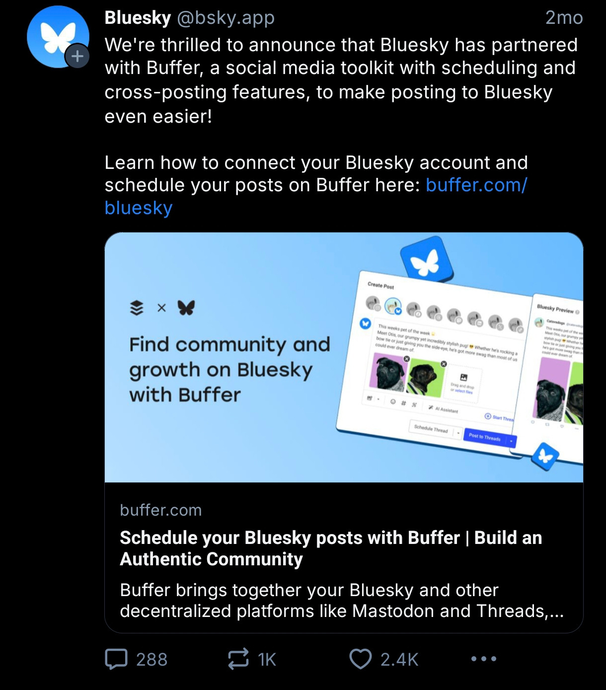 Bluesky post announcing their partnership with buffer,  company that uses predatory AI nonsense