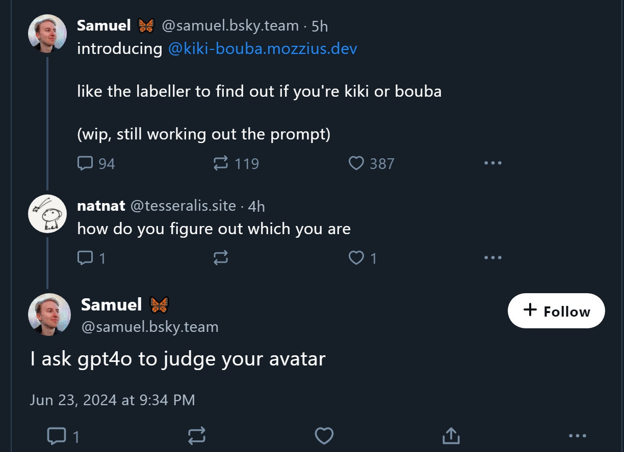 Post from Samuel (Bsky dev) admitting passing multiple people's avatars to gpt4o for a silly meme labeller