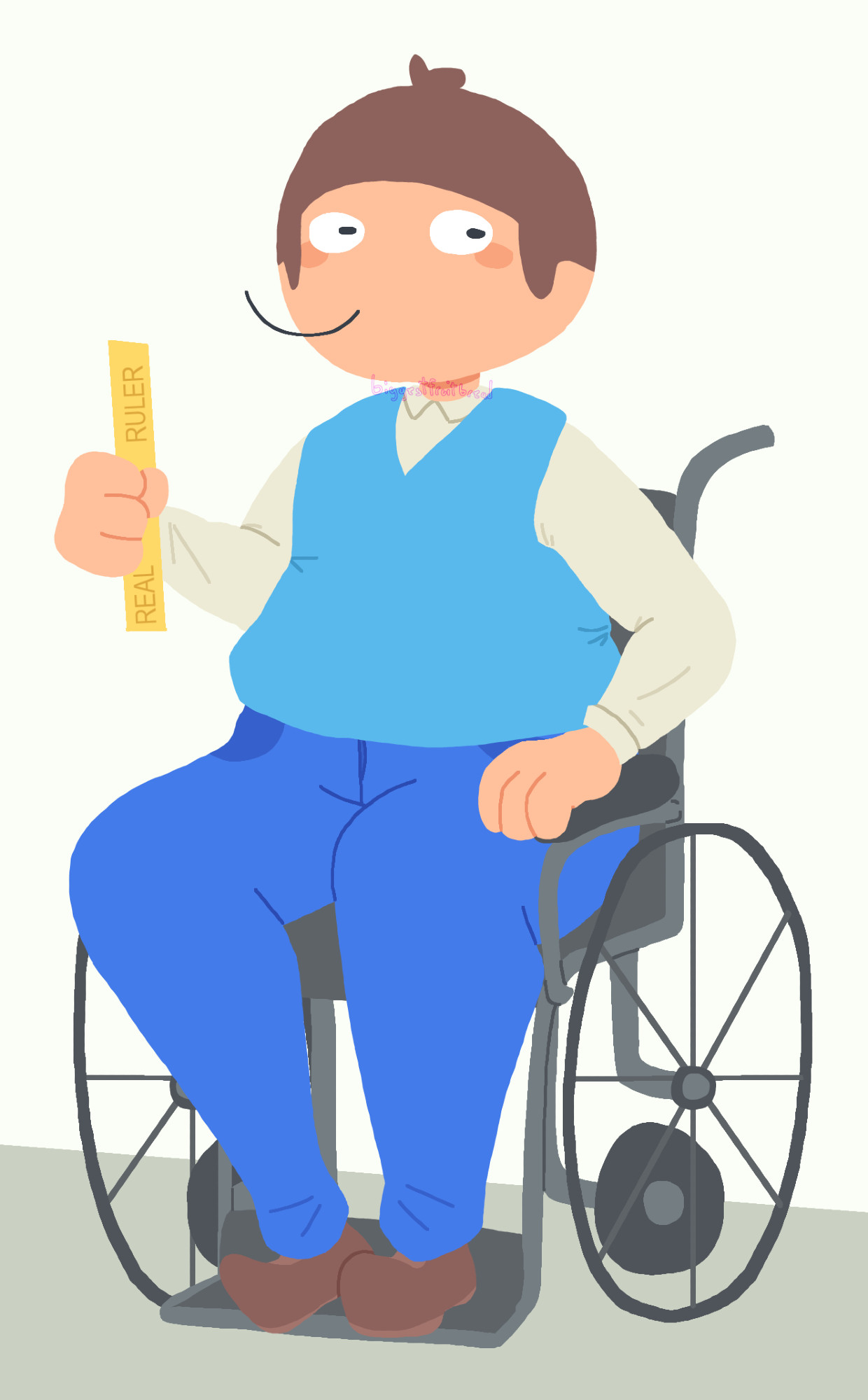 An illustration of the character Dave from Dave's Fun Algebra Class. He is holding a ruler with the text, "Real Ruler" written on it, and sitting in a wheelchair.