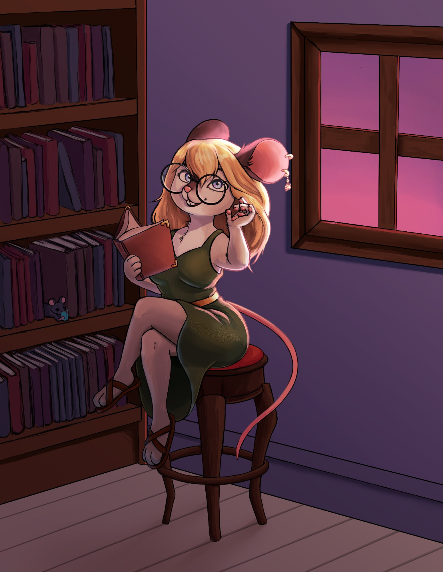 Mouse furry sitting on a stool in a library at dawn, looking up from her book and brushing her hair from her face.