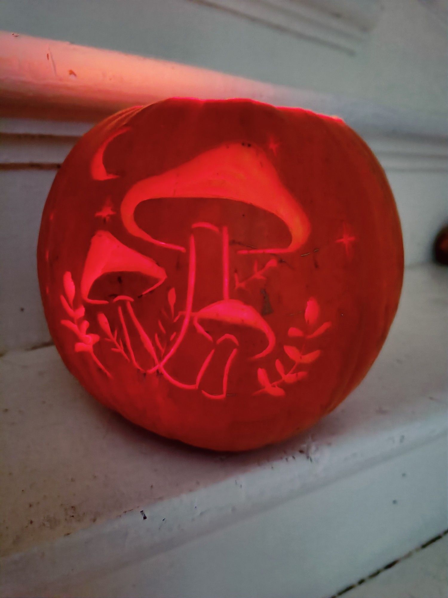 Carved pumpkin with mushrooms