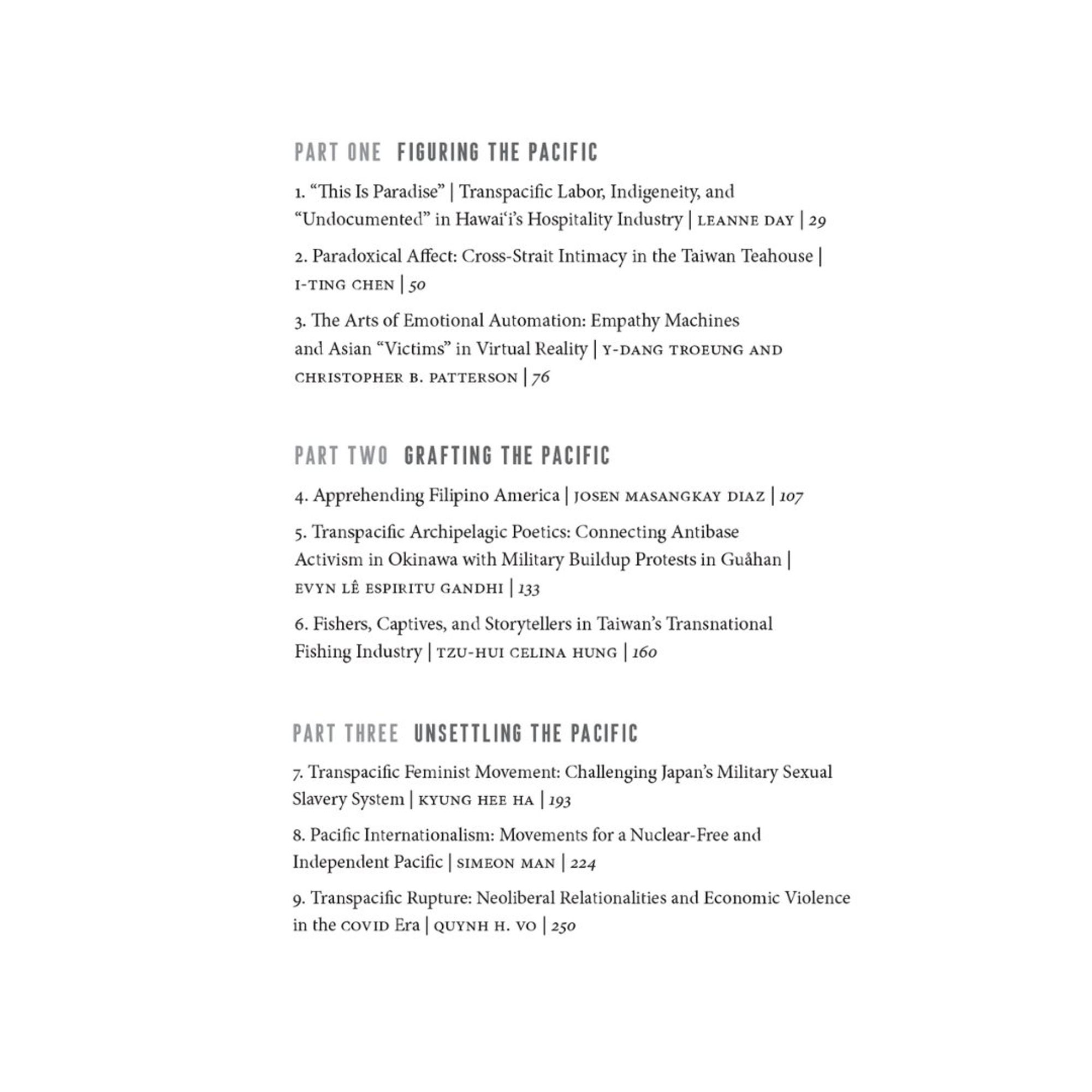 Chapters and contributors:
1. "'This is Paradise': Transpacific Labor, Indigeneity, and 'Undocumented' in Hawai'i's Hospitality Industry" by Leanne Day
2. "Paradoxical Affect: Cross-Strait Intimacy in the Taiwan Teahouse" by I-ting Chen
3. "The Art of Emotional Automation: Empathy Machines and Asian 'Victims' in Virtual Reality" by Y-Dang Troeung and Christopher Patterson
4. "Apprehending Filipino America" by Josen Masangkay Diaz
5. "Transpacific Archipelagic Poetics: Connecting Anti-Base Activism in Okinawa with Military Buildup Protests in Guåhan" by Evyn Lê Espiritu Gandhi
6. "Fishers, Captives, and Storytellers in Taiwan's Transnational Fishing Industry" by Tzu-hui Celina Hung
7. "Transpacific Feminist Movement: Challenging Japan’s Military Sexual Slavery System" by Kyung Hee Ha
8. "Pacific Internationalism: Movements for a Nuclear-Free and Independent Pacific" by Simeon Man
9. "Transpacific Rupture: Neoliberal Relationalities and Economic Violence in the COVID Era" by Quynh H. Vo