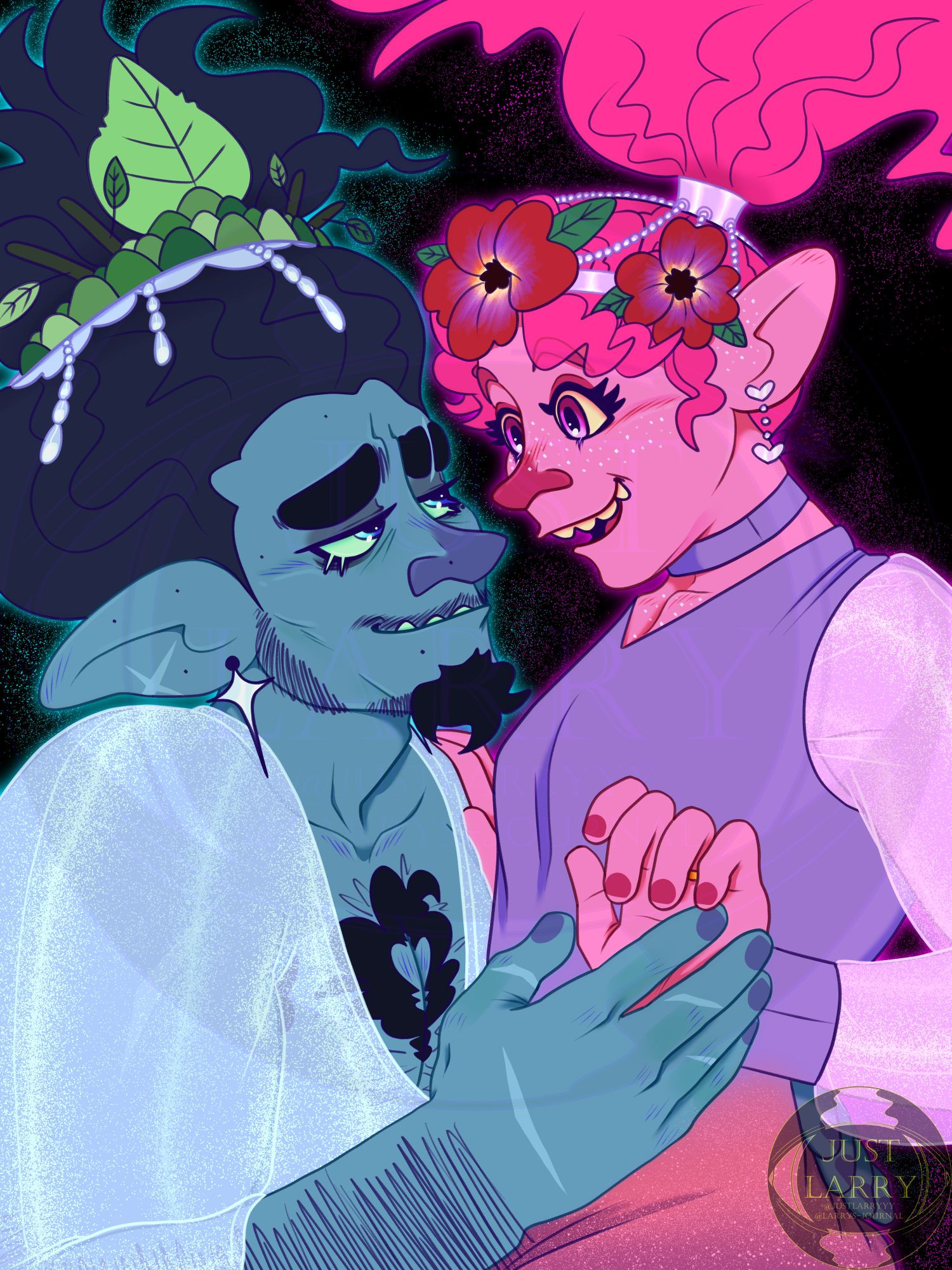 A colored digital drawing of Dreamworks Trolls featuring Branch and Poppy.
 Branch staring up lovingly into Poppy's eyes with his closed under bite smile and Poppy stares back down at him with her open overbite smile. They are floating together in a solid black background, the outline of their bodies glowing as their primary colors, blue and pink, with small spores floating about. Branch holding Poppy with his left hand which has a silver wedding band on his ring finger that is covered up by Poppy's arm. Branch is reaching his right hand towards Poppy's left hand which appears to have a gold wedding band on her ring finger. Poppy's right hand is resting on his left shoulder. Branch is wearing a white silk glittery robe with a king's leaf crown decorated with teardrop jewels. Poppy is wearing a queen's crown with poppy flowers also decorated with small round jewels connecting to a shiny cuff that holds her ponytail. Poppy wears a satin light purple-to-orange, sparkly, gradient vest with a small light purple choker, wearing silk sleeves, the same material as Branch's robe, that cuff into the same satin light purple material as Poppy's vest.