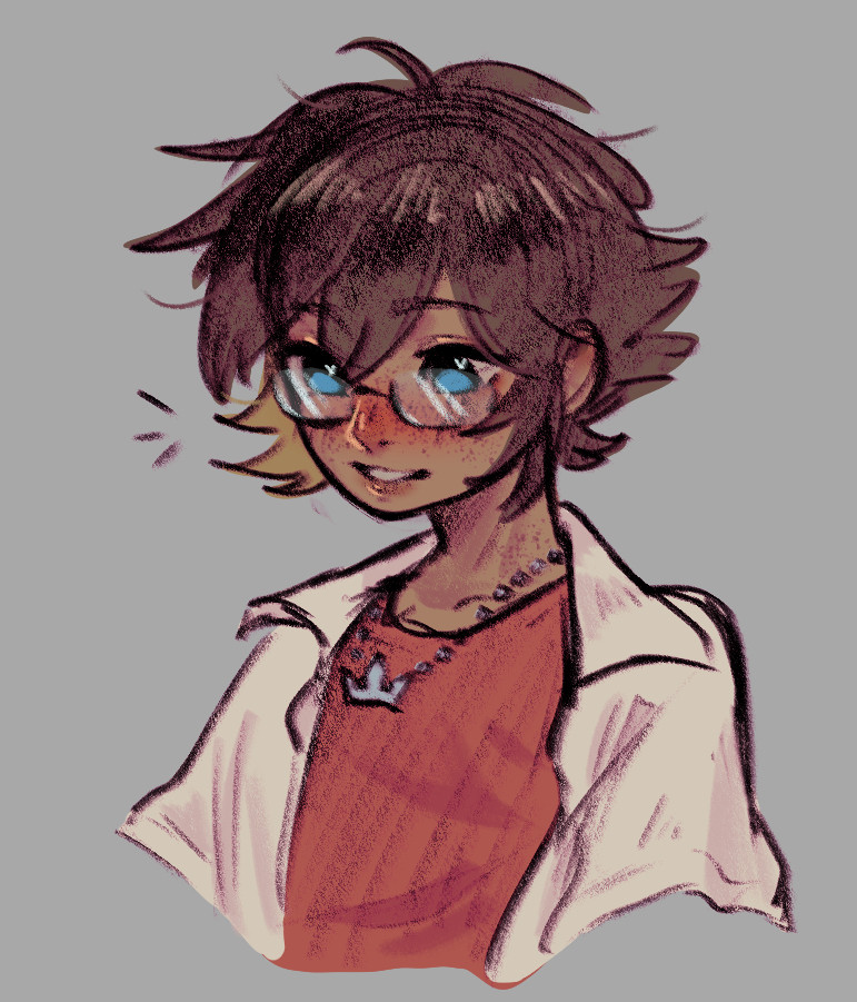 Sora from Kingdom Hearts in a high school outfit wearing circular glasses. :]