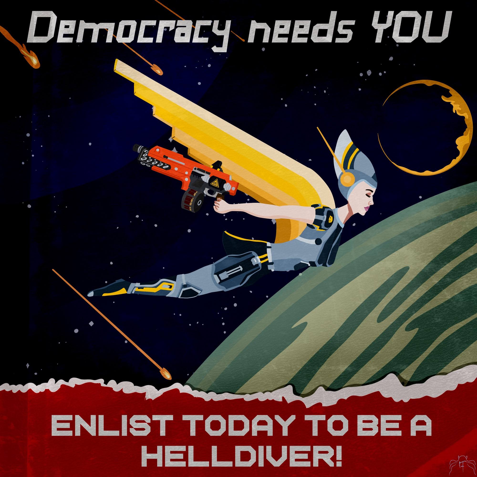 A very stylized version of the drop experience on Helldivers 2 which probably involves a lot more screaming. The text says Enlist today to be a helldiver!