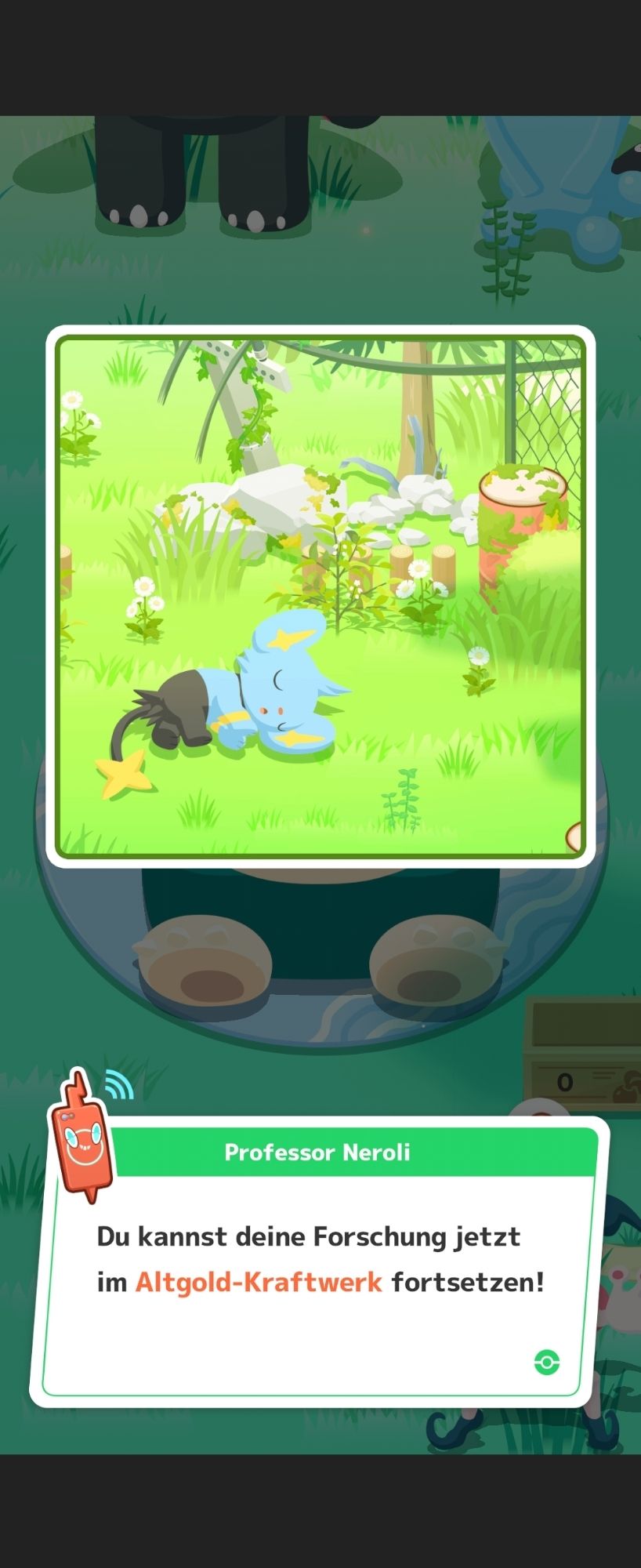 Screenshot von Pokémon Sleep das ich meine Forschung jetzt im Altgold-Kraftwerk fortsetzen kann.