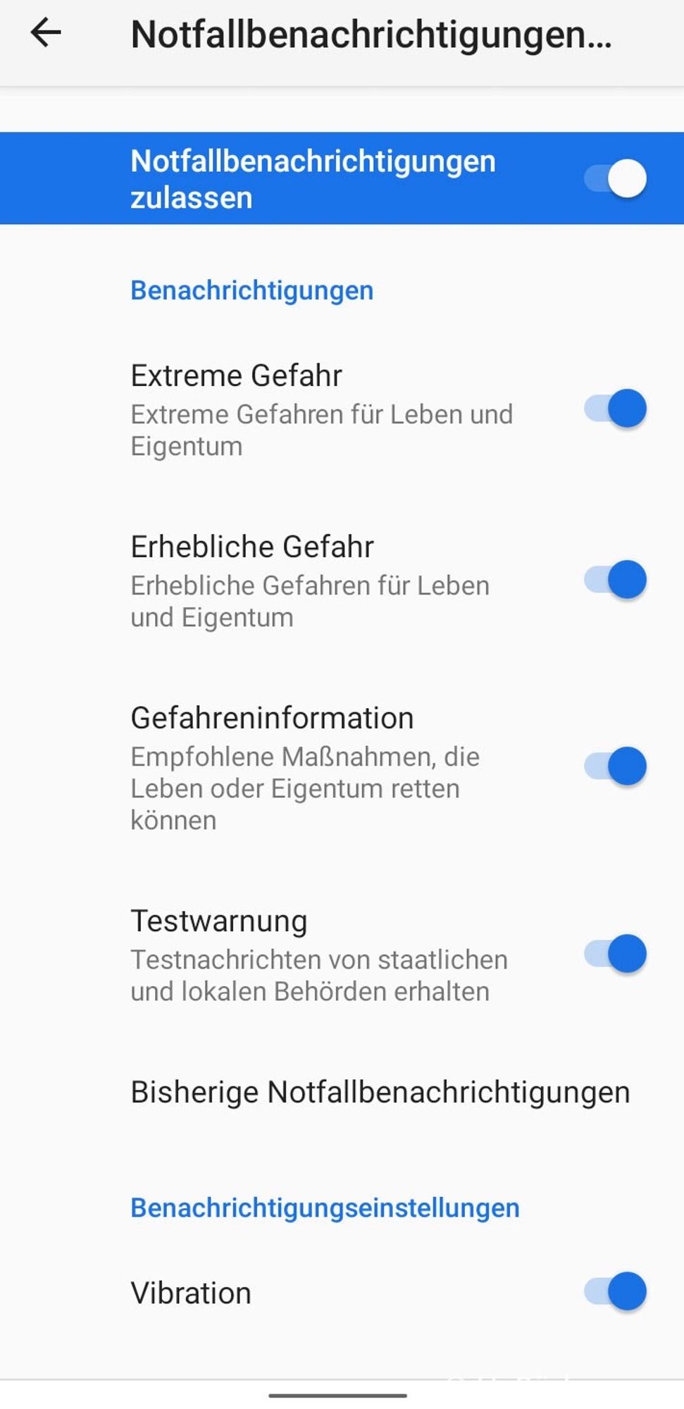 Screenshot der Einstellungen von Android für Cell Broadcast-Warnungen