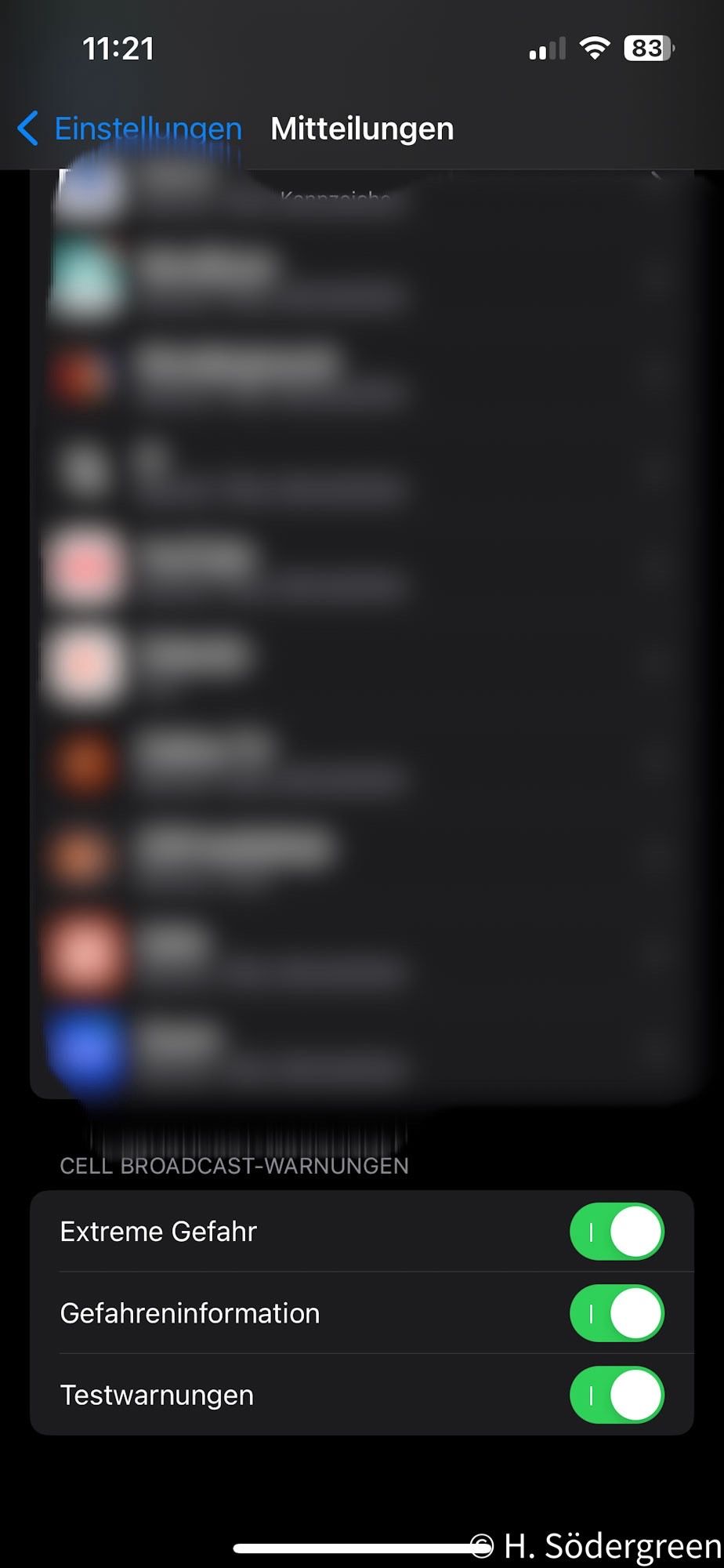 Screenshot der Einstellungen von iOS für Cell Broadcast-Warnungen