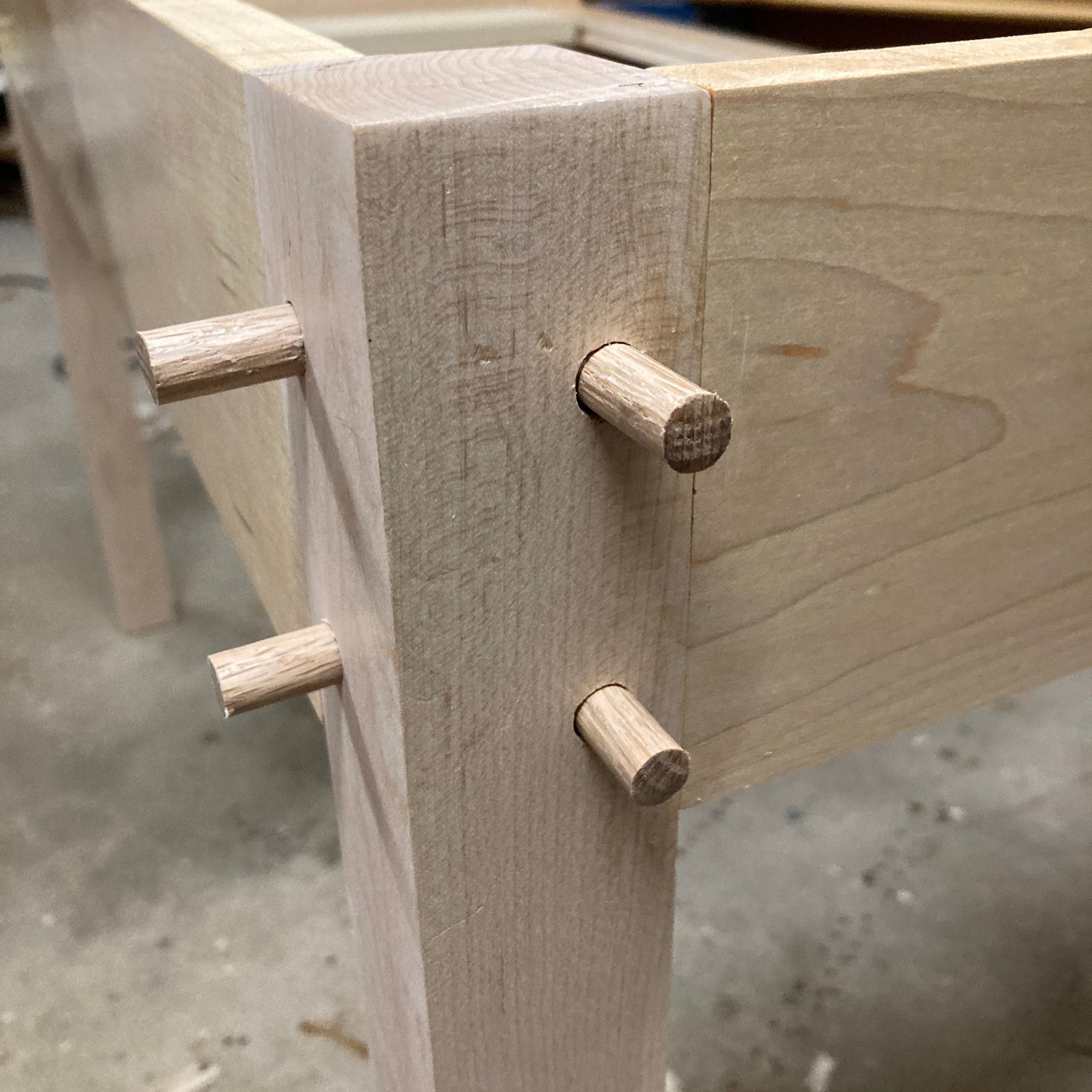 A picture of the mortise and tenon joints, fully assembled and glued, with the drawbore pegs sticking out of them