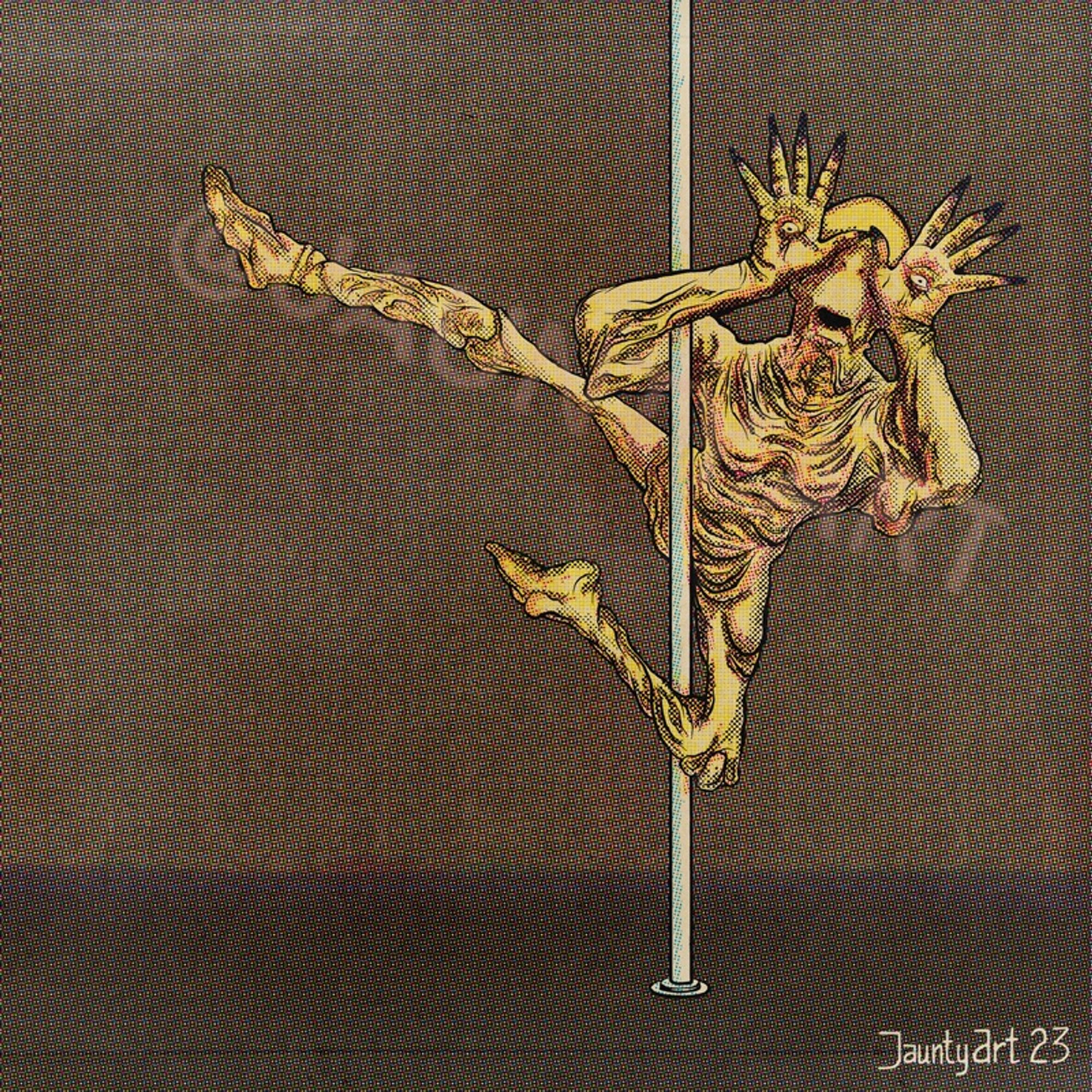 A CYMK half tone illustration of The Pale Man from Pan’s Labyrinth being all sexy on the pole