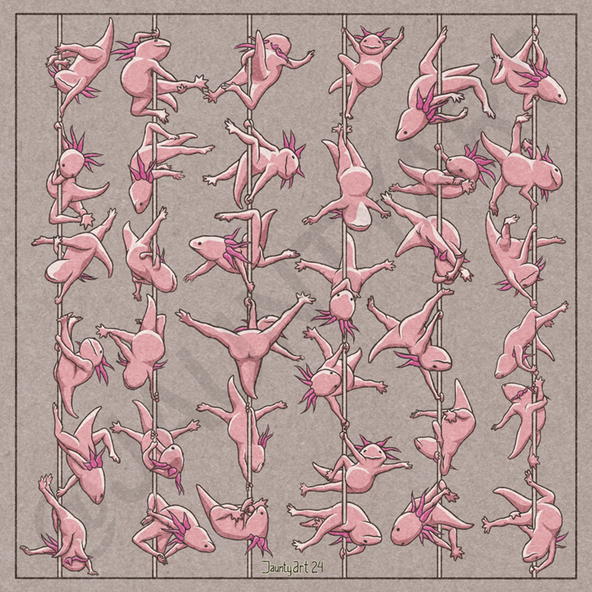 Pole Dancing Axolotls 6x6
An illustration of axolotls in a variety of pole dancing positions