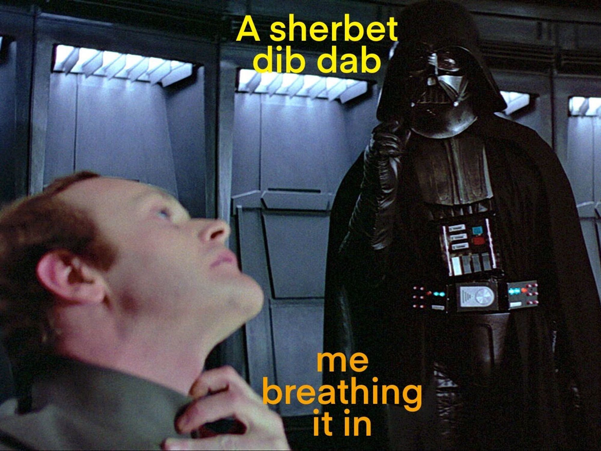 Star Wars’ Darth Vader choking one of his coworkers in a fit of hubris to display the ‘power of the force’ which he ultimately fails to harness to his advantage. I’ve added the text showing that Darth Vader is a sherbet dib dab and the coworker is me choking on the sherbet after breathing it in. Not sure what Vader was expecting. They are the baddies. Most of his coworkers will be arseholes in one way or another. If he wanted happiness and harmony in the workplace then go work in fucking Holland & Barrett.