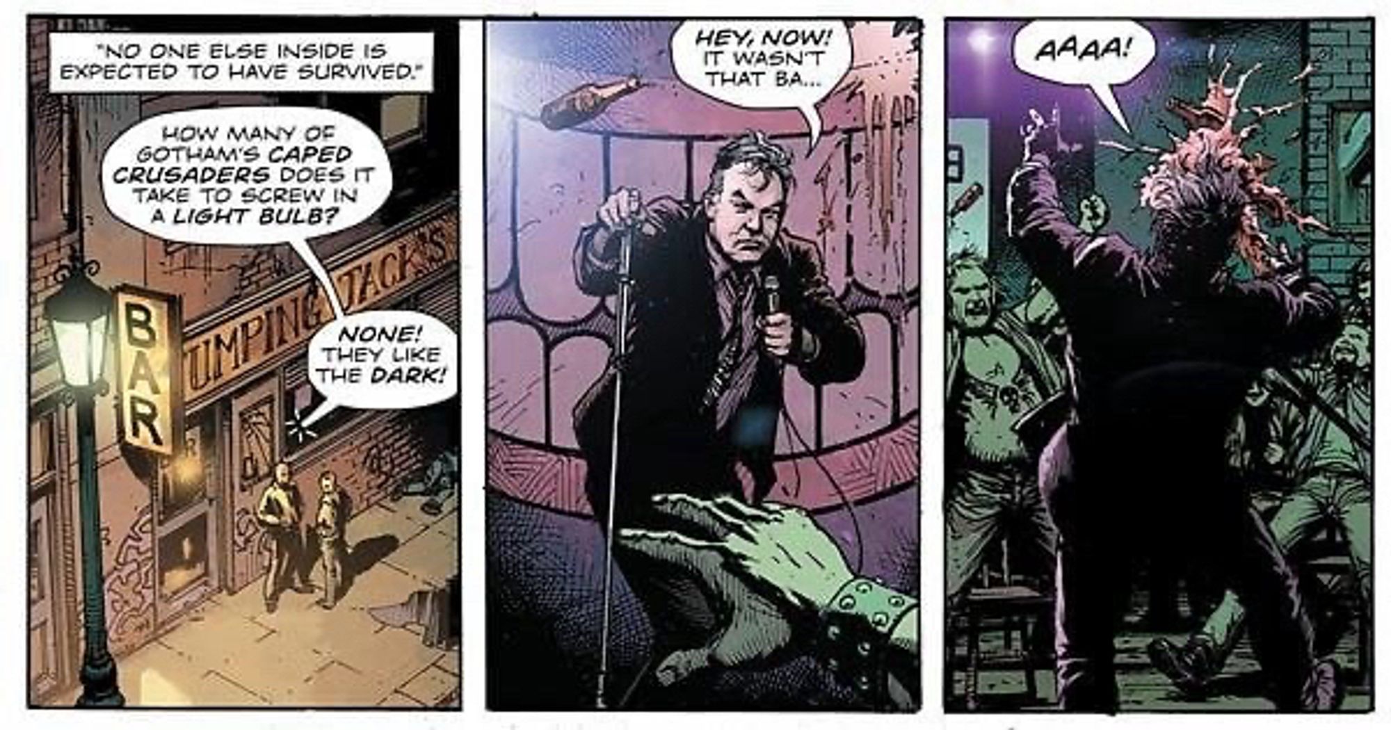 Three panels from Watchmen Doomsday Clock featuring Stewart Lee getting bottled