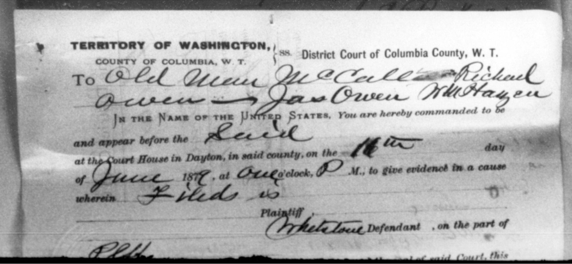 Upper portion of an 1879 subpoena adddessed to Old Man McCall, Richard Owen, Jas. Owen, and Wm. Hazen