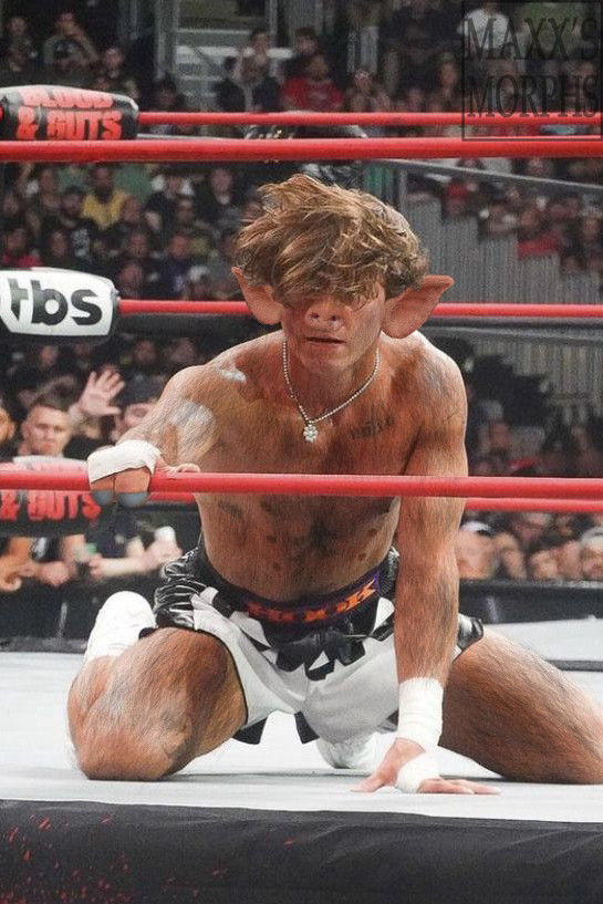 A wrestler reaches for a cable. His fingers have become hooflike, fur has grown to cover his body, three extra sets of nipples are visible, his ears have become piggish, and his nose is now a snout.