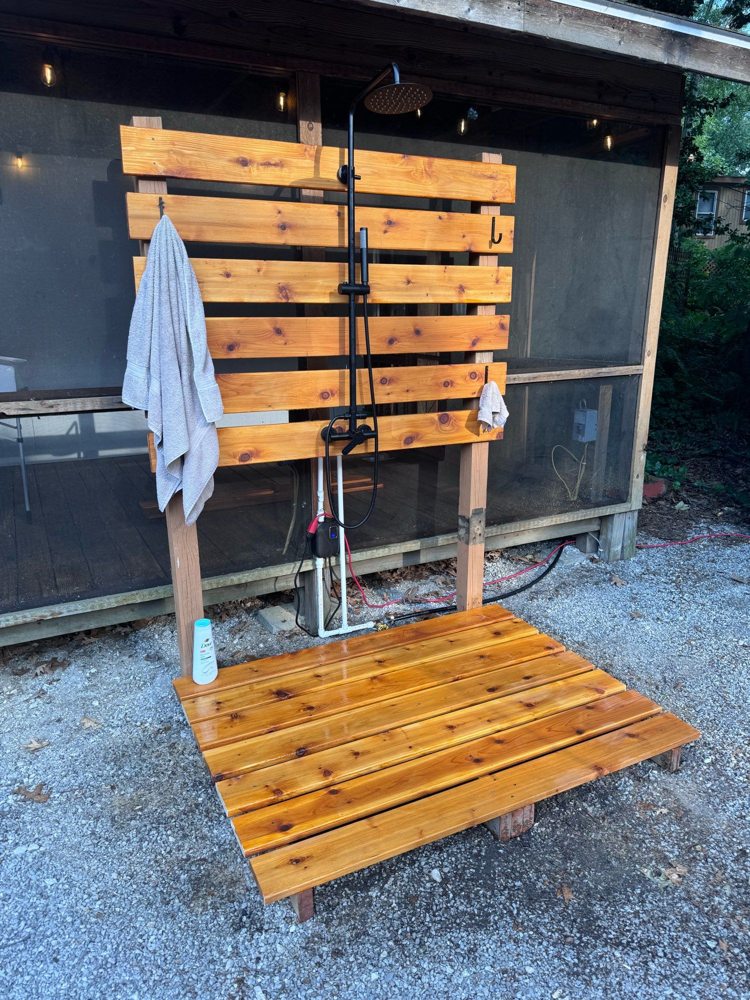 New outdoor shower on our campsite at Ponderosa Sun Club.