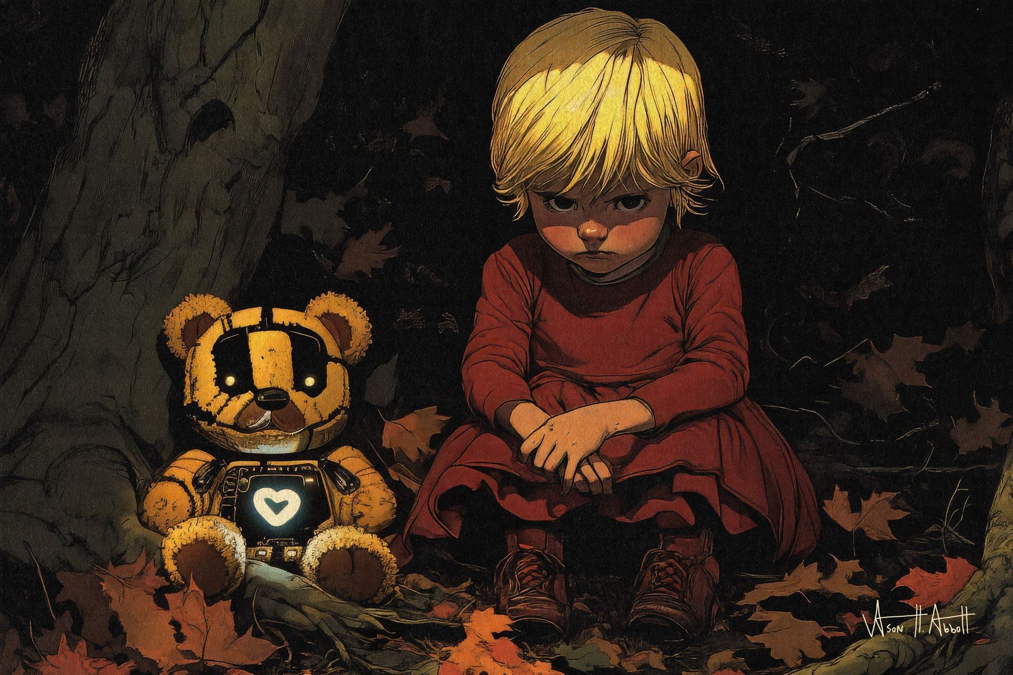 An illustration of a very young and sullen girl lost in autumn woods at night with her robot teddy bear. The toy is as cheerful as she is gloomy, lighting up the area where they sit beside a tree with a heart on his tummy screen.