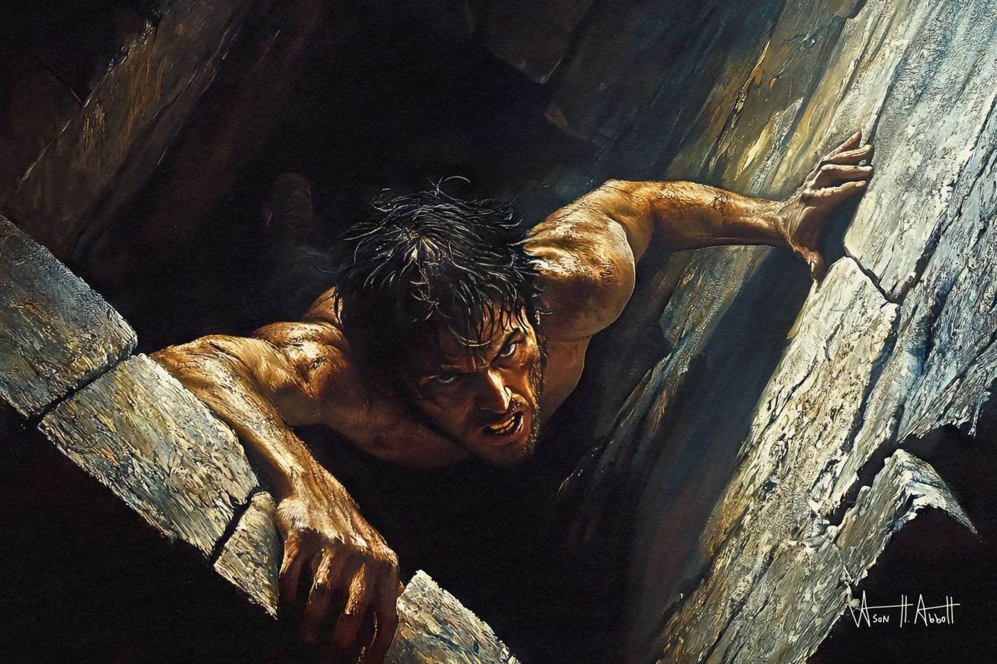 A sword and sorcery fantasy illustration of a determined, exhausted man crawling his way through a tight and dark stone passage.