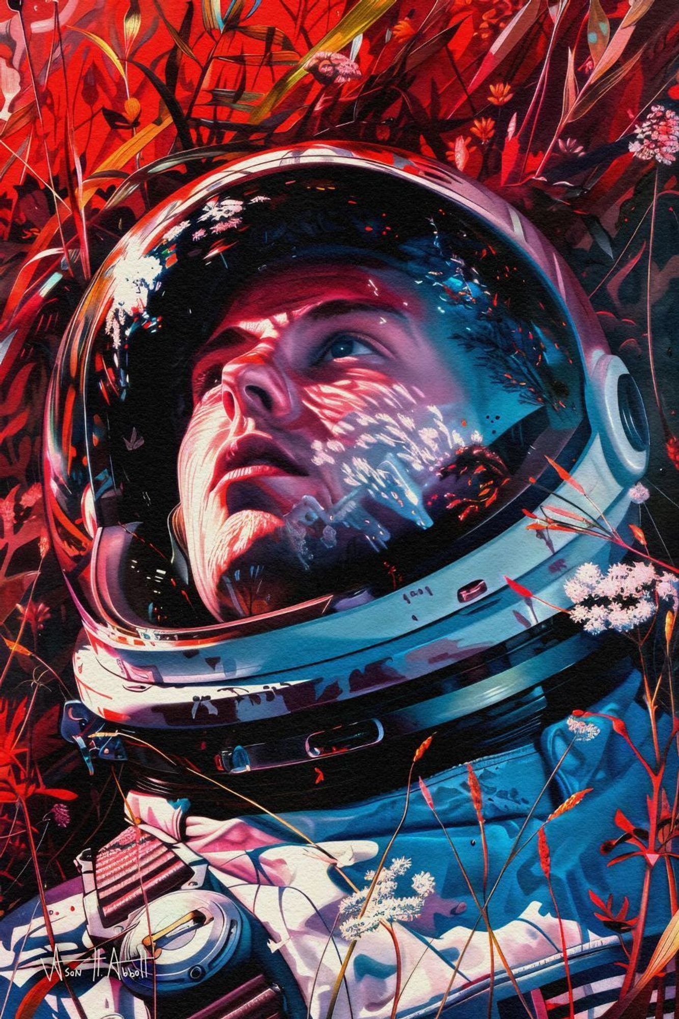 An illustration of a young man in close-up wearing a space suit. He lays in red alien grass and white flowers, looking to the unseen sky which is reflected in the transparent visor of his helmet along with the surrounding environment.