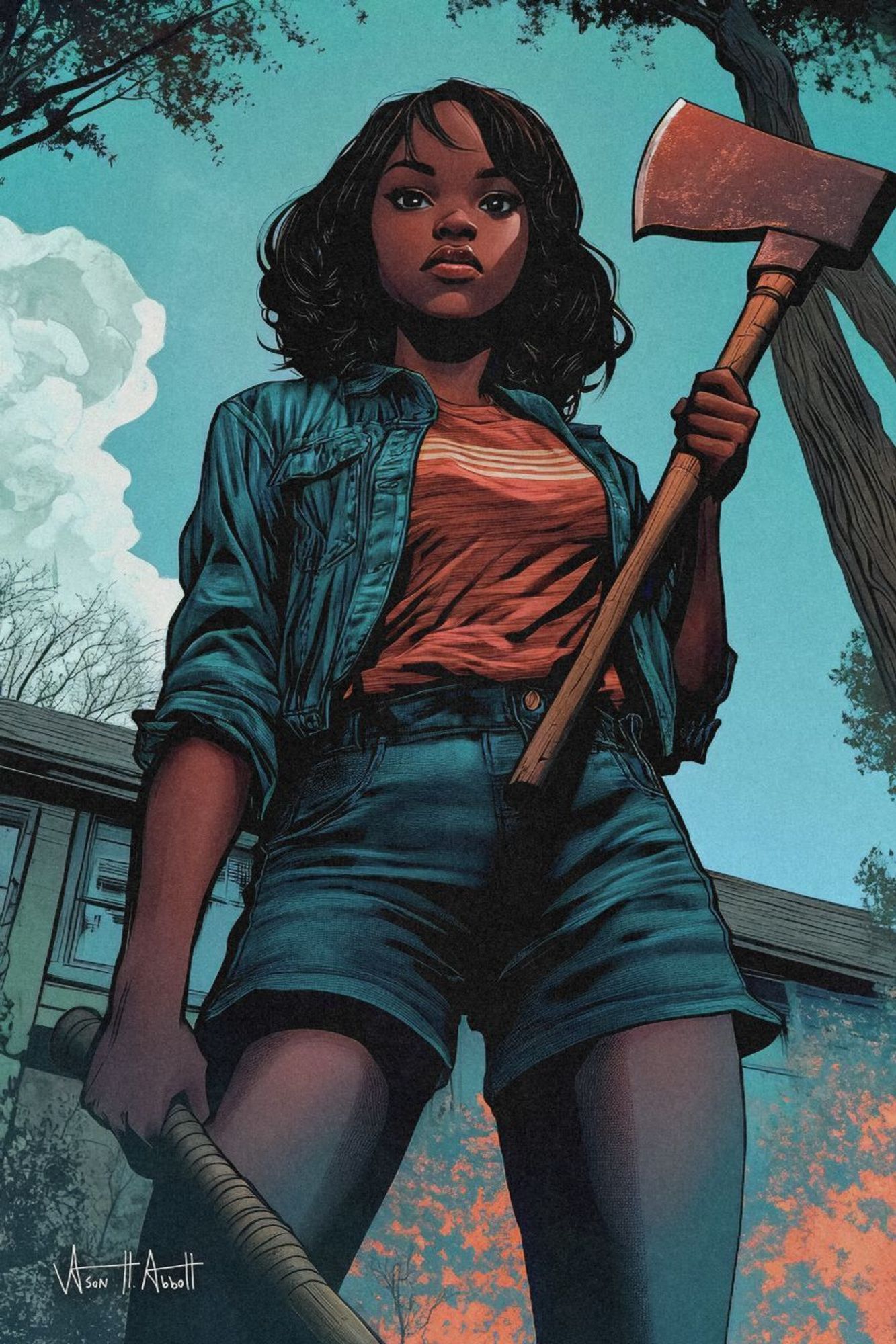 An illustration of a young woman in her late teens dressed in denim shorts and coat. She stands over the viewer with an unimpressed and determined face, holding an ax and baseball bat.