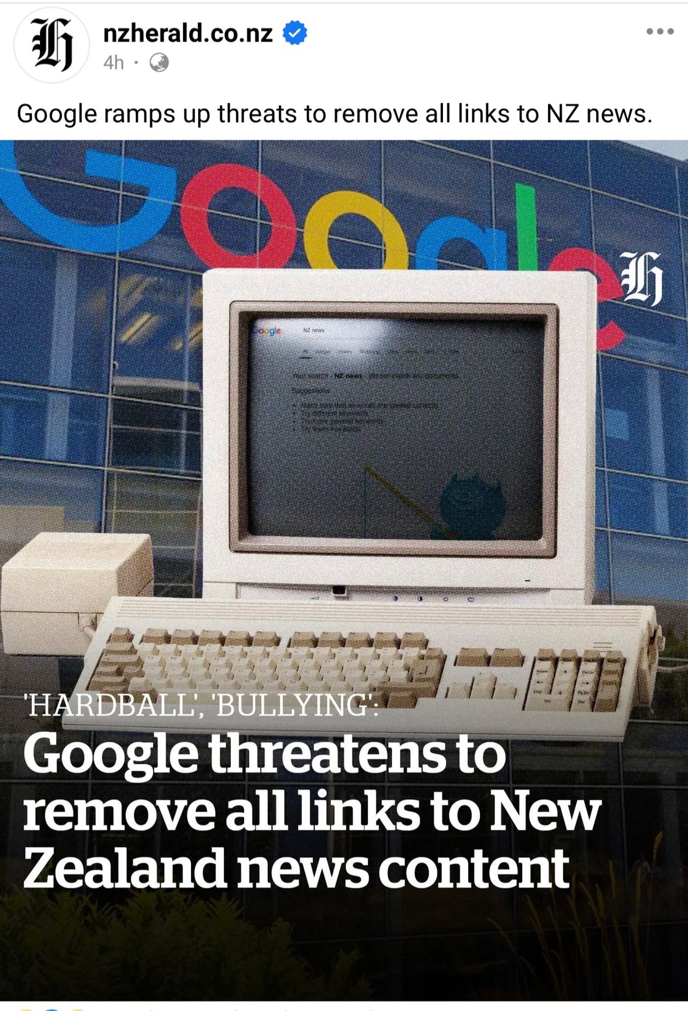 NZHerald headline: “Google threatens to remove all links to NZ news content”. Oddly, the stock image is an Amiga 1200 computer