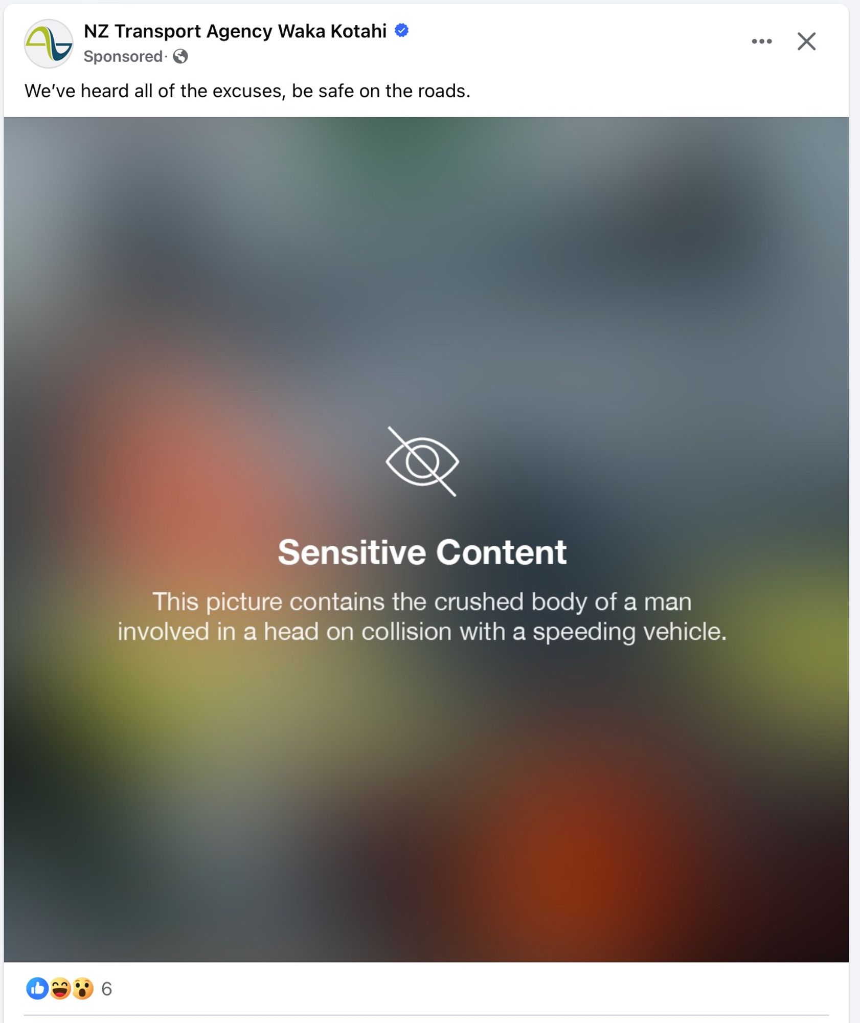 FB post from Waka Kotahi, with a fake blur-censored image. Warning reads: "Sensitive Content: This picture contains the crushed body of a man involved in a head on collision with a speeding vehicle"