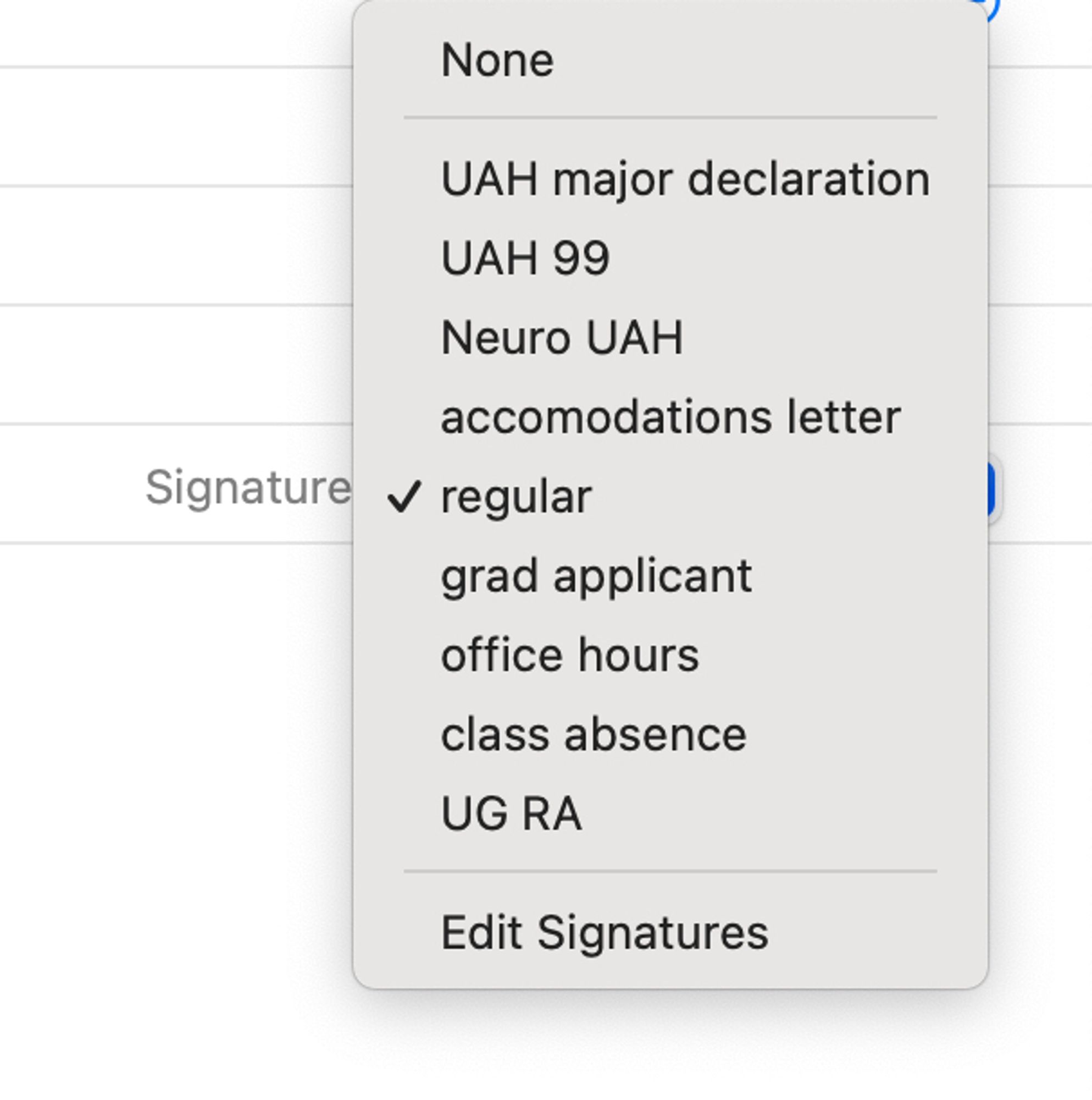 Screen shot of the signature menu in Apple Mail showing signatures with frequently needed responses to student emails.