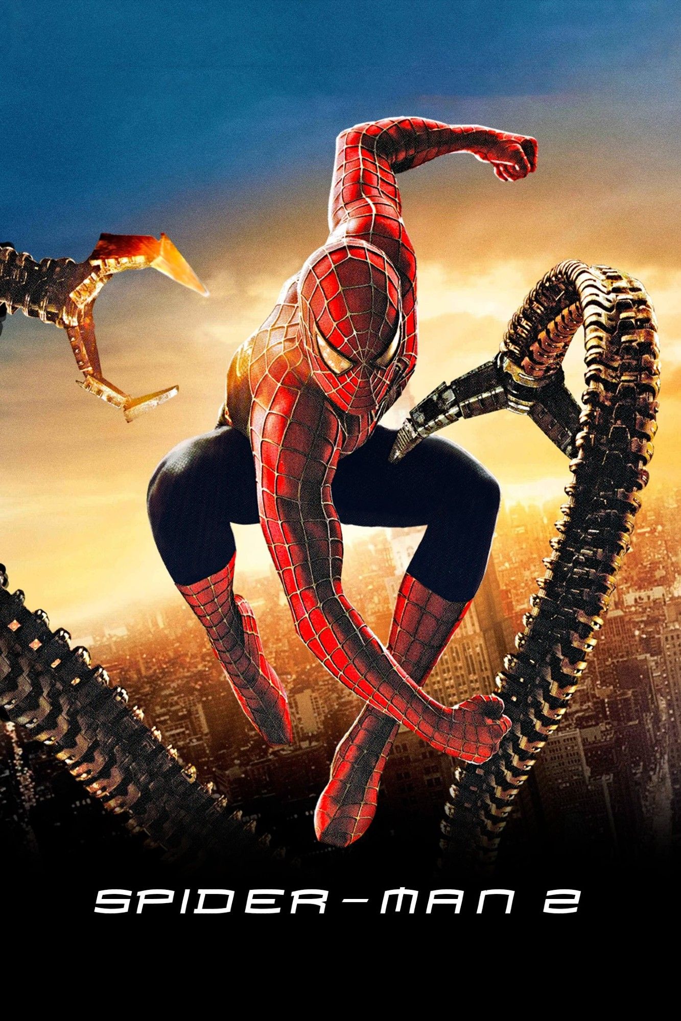 In the background New York City is illuminated by a giant sunrise. In the foreground Spider-Man leaps as Doctor Octopus's tentacles attempt to grab him. White font at the bottom of the poster says "Spider-Man 2".