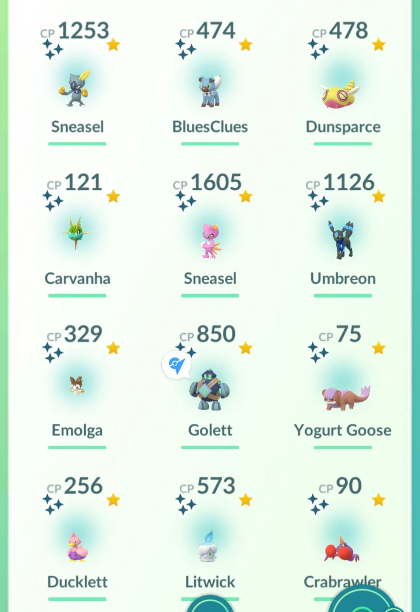 Inventory page of Pokemon GO showing all shinies of various types