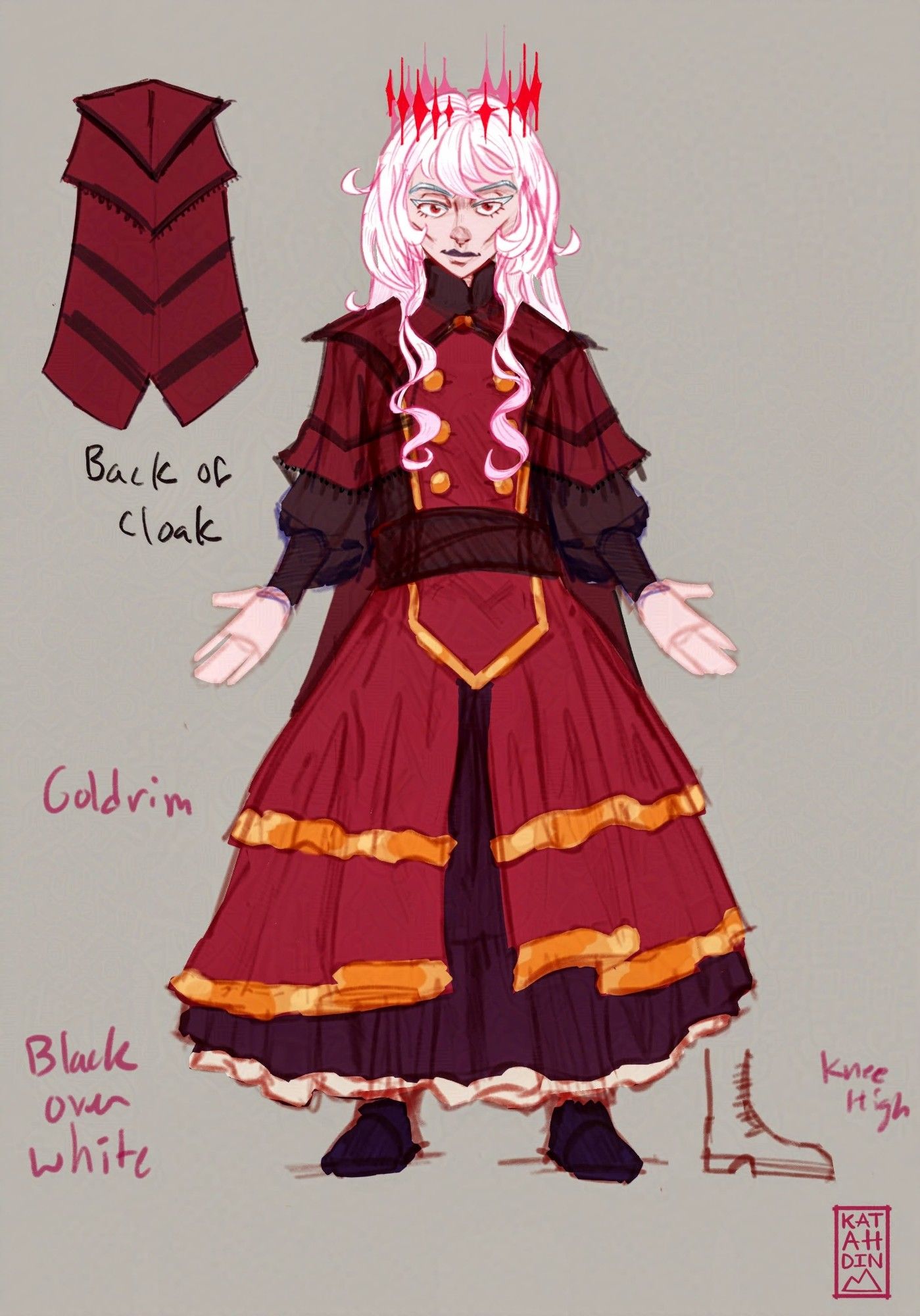 A Dhampir Elf with whitish pink hair. She is wearing a red adventuring gown, with gold trim. It has black lace with a white under-layer. She is wearing a red and black patterned cloak.