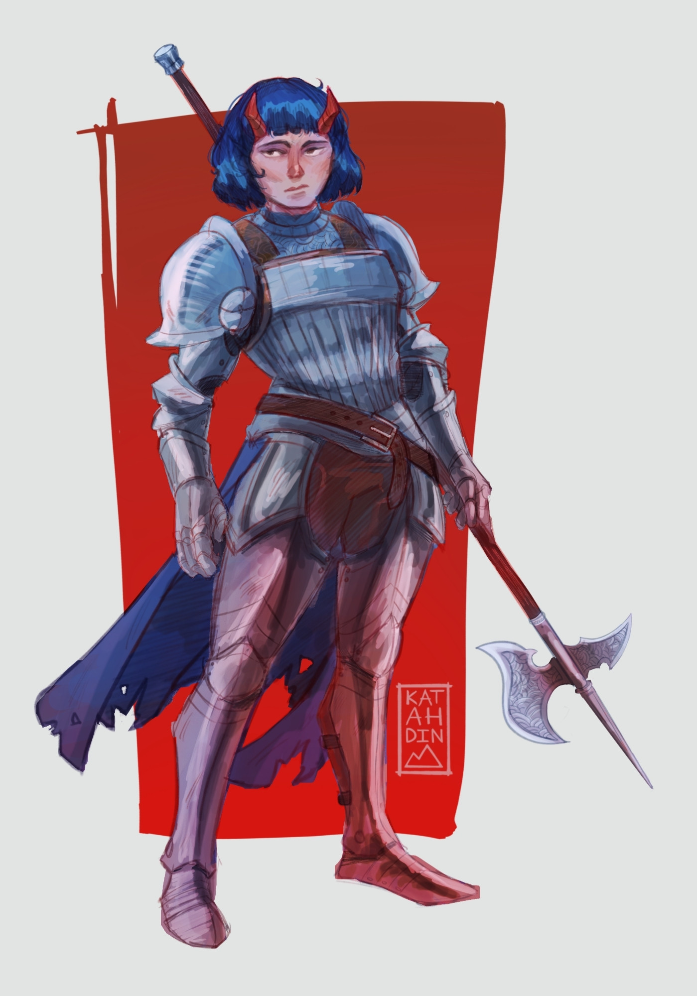 The same female, halberd-wielding knight from the previous photo without the blood.