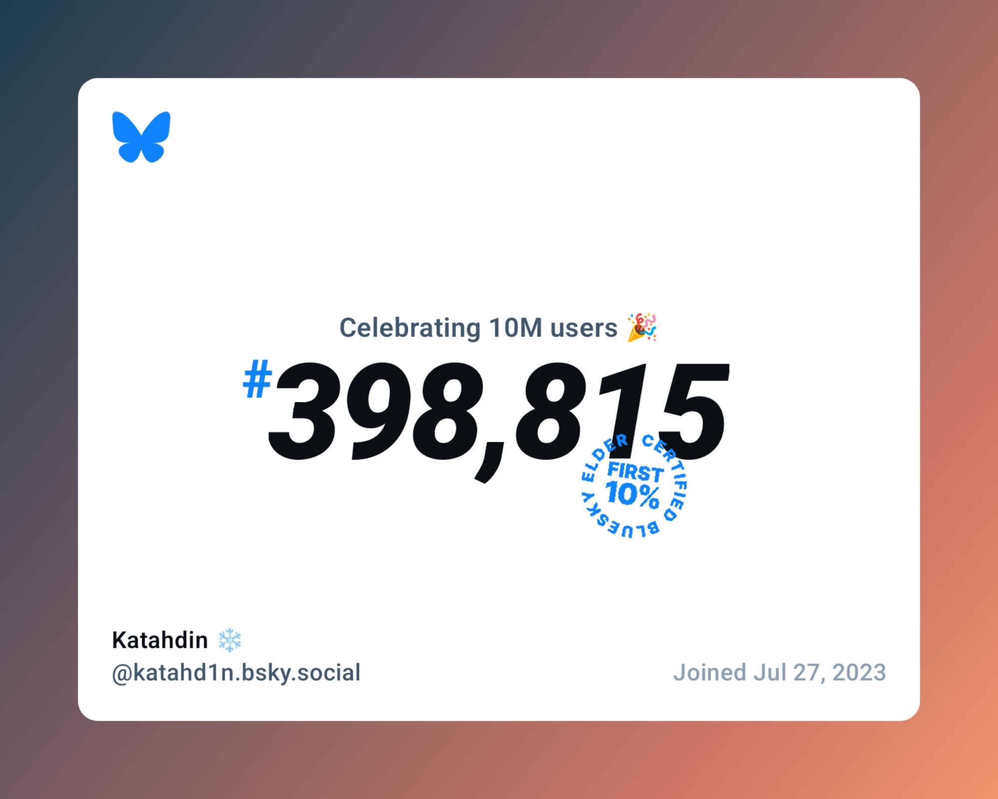 I am the 398,815th member of Bluesky. I joined July 27th, 2023.