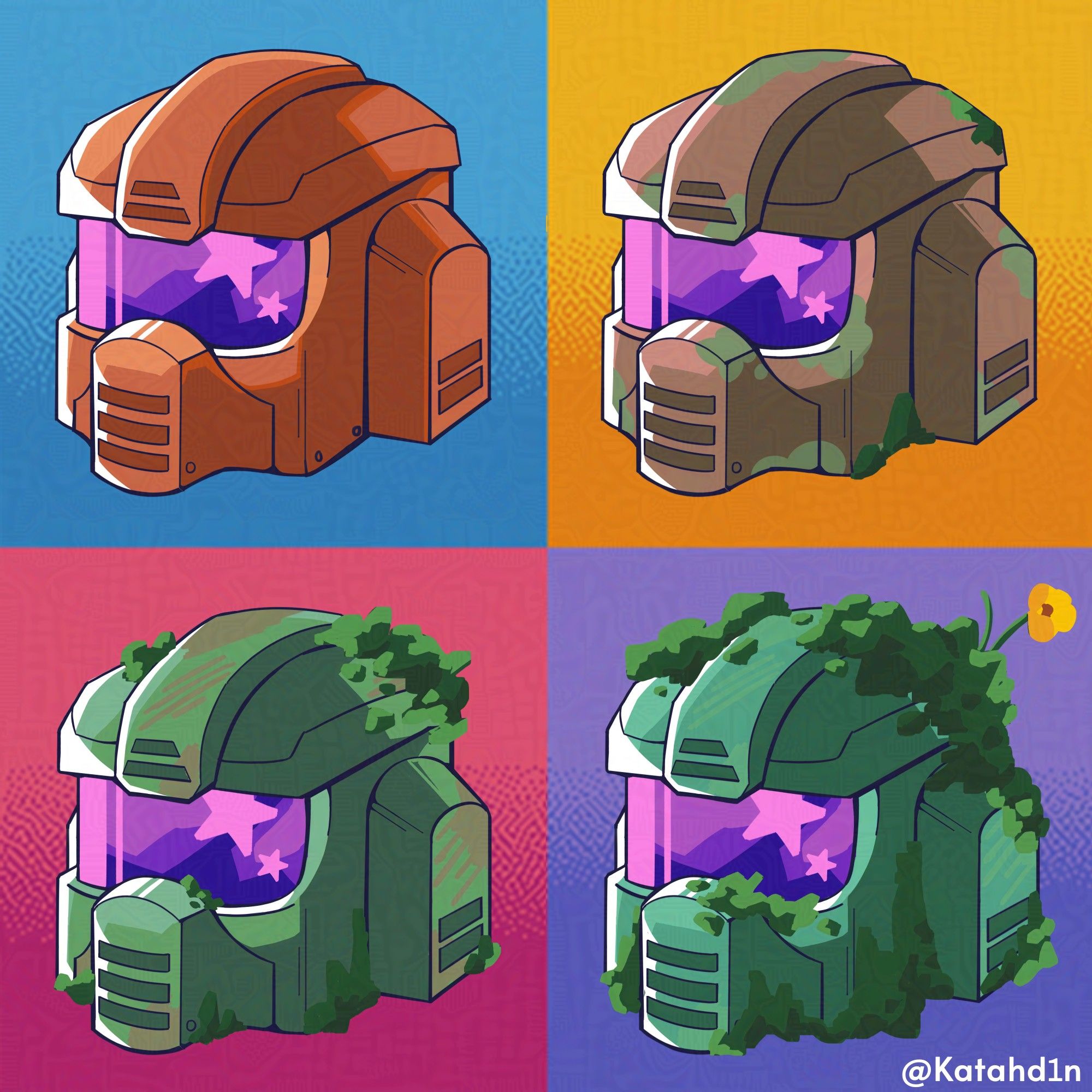 A four panel Minecraft fanart pop-art photo with four versions of Xisumavoid's helmet made of copper. Each stage is a sequential aging of Copper along with growing moss.