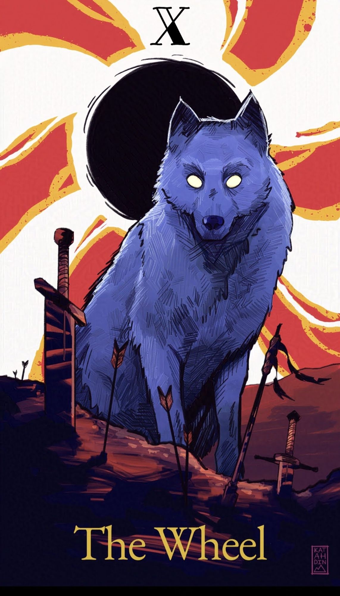 A large wolf sits in the middle of a battlefield. There is an eclipse in the background. It is a Wheel of Fortune tarot card.