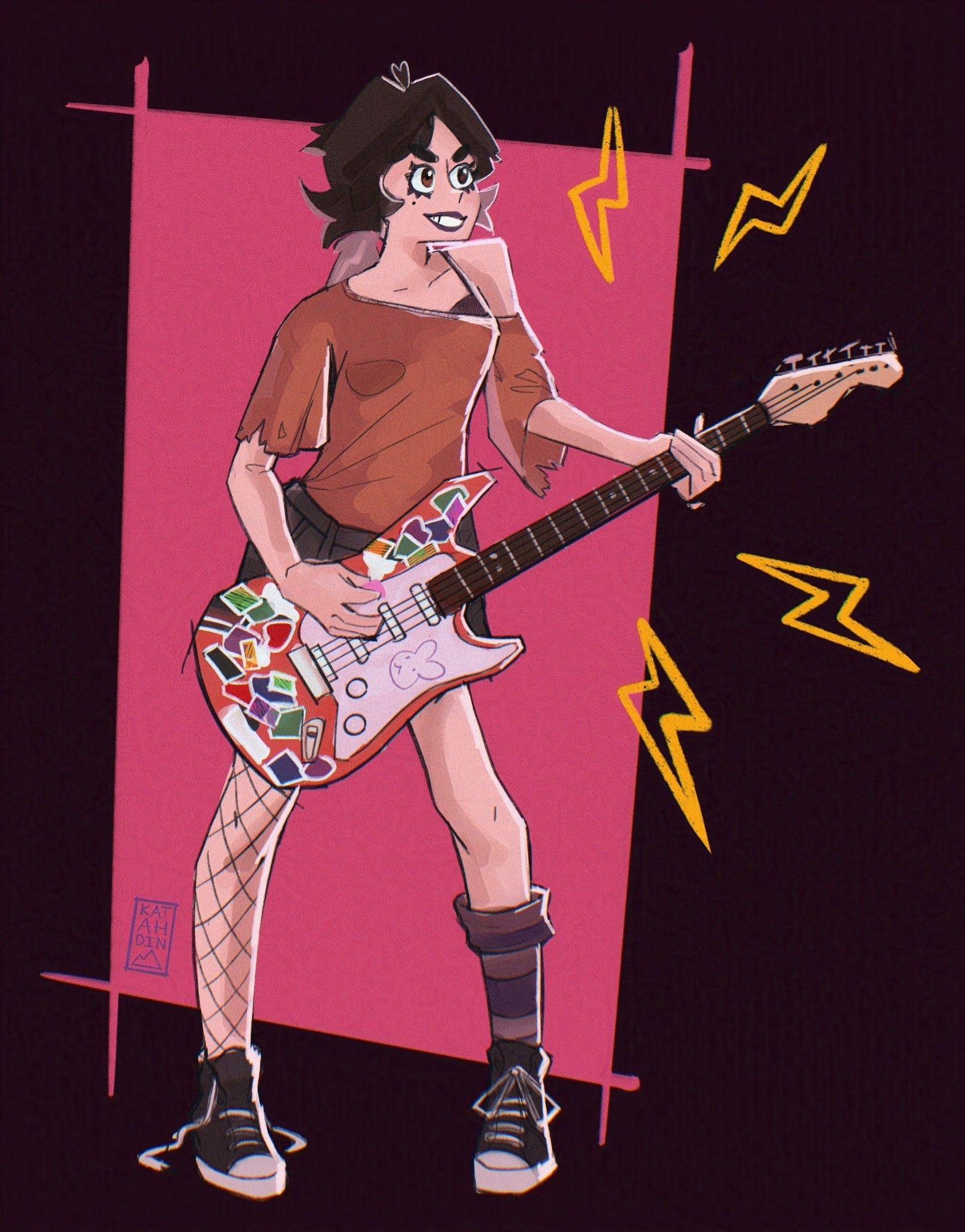 Fanart of Toshi for Stella as a punk rocker. She has brown hair and a red terracotta shirt. She is holding a red, sticker-bombed guitar.