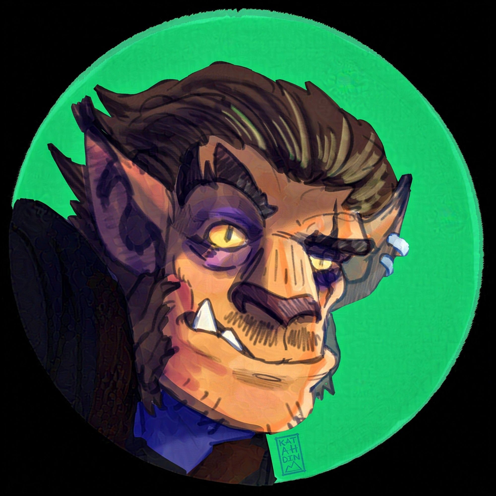 Portrait of a very ragged looking Bugbear with a scar and ear piercing. He is on a green background.