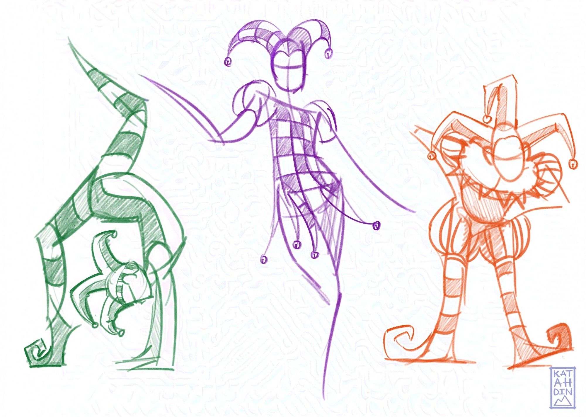 A page of 3 quicksketch gesture drawings of jesters. They are colored as green, purple, and orange.