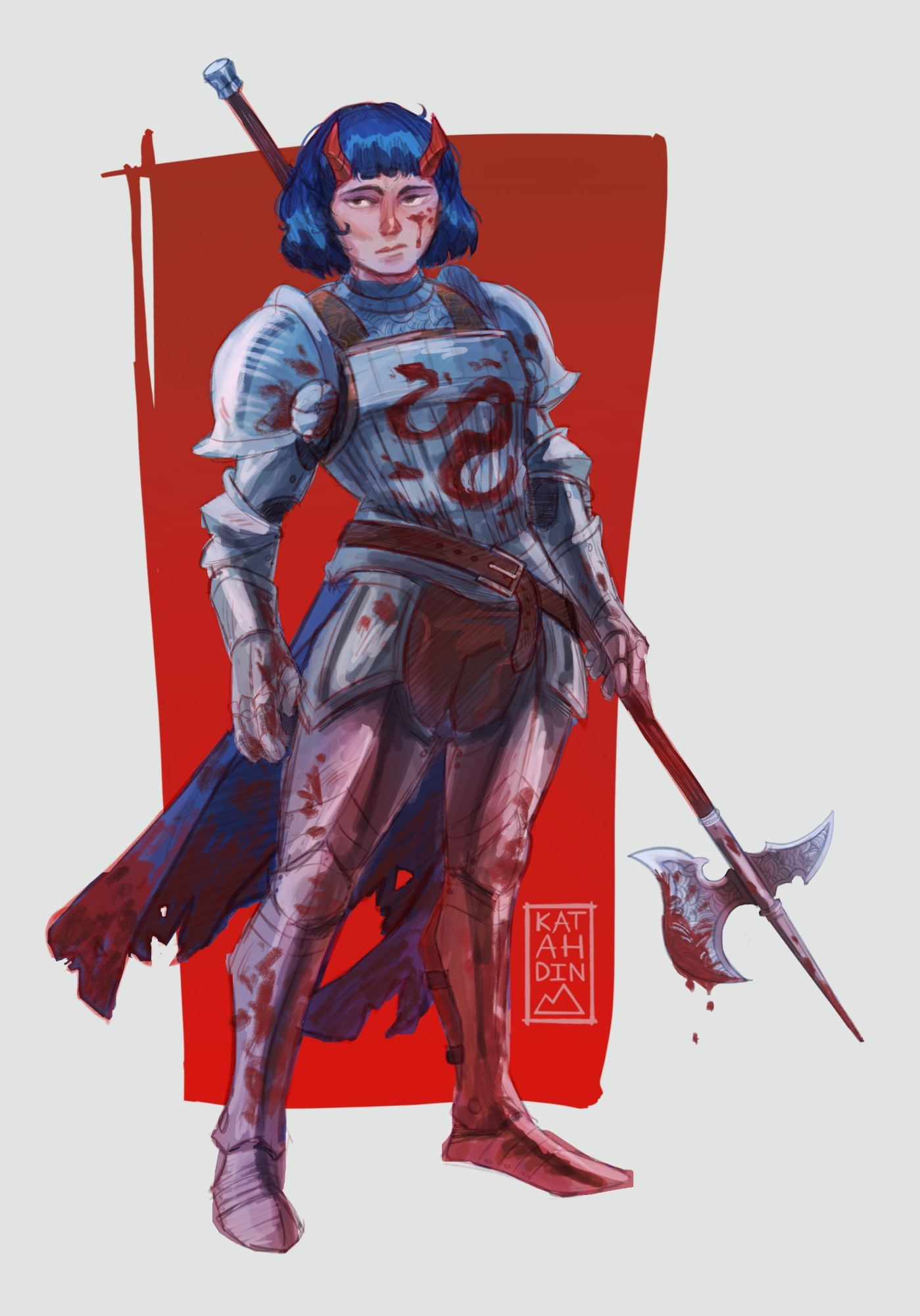 A distant looking female in knight armor with black hair in a bob cut. She has devil horns. She is wielding a halberd and is wearing a dark blue waist cape. She is covered in blood with a serpent emblem on her chest.