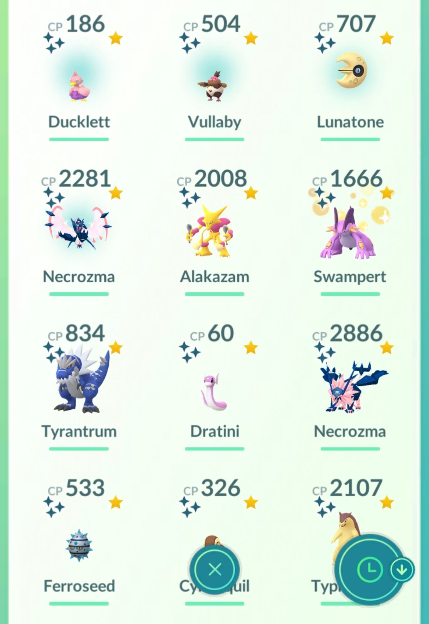 Inventory page of Pokemon GO showing all shinies of various types