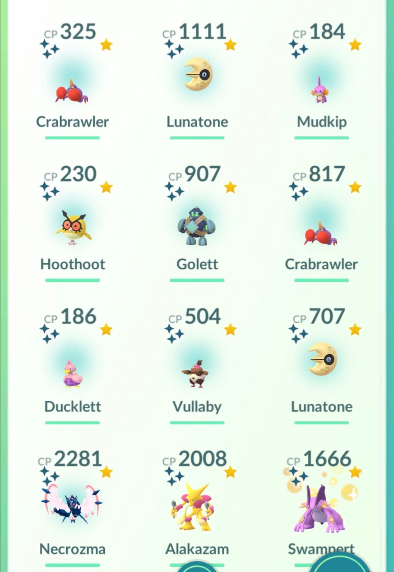 Inventory page of Pokemon GO showing all shinies of various types