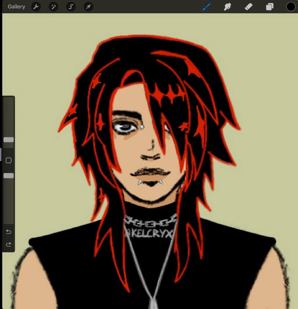 Bust sketch of my persona. Black layered hair with red highlights all around. Has two lower lip piercings (snake bites), and nose bridge piercing. Has two necklaces. Accessories are silver/gray.