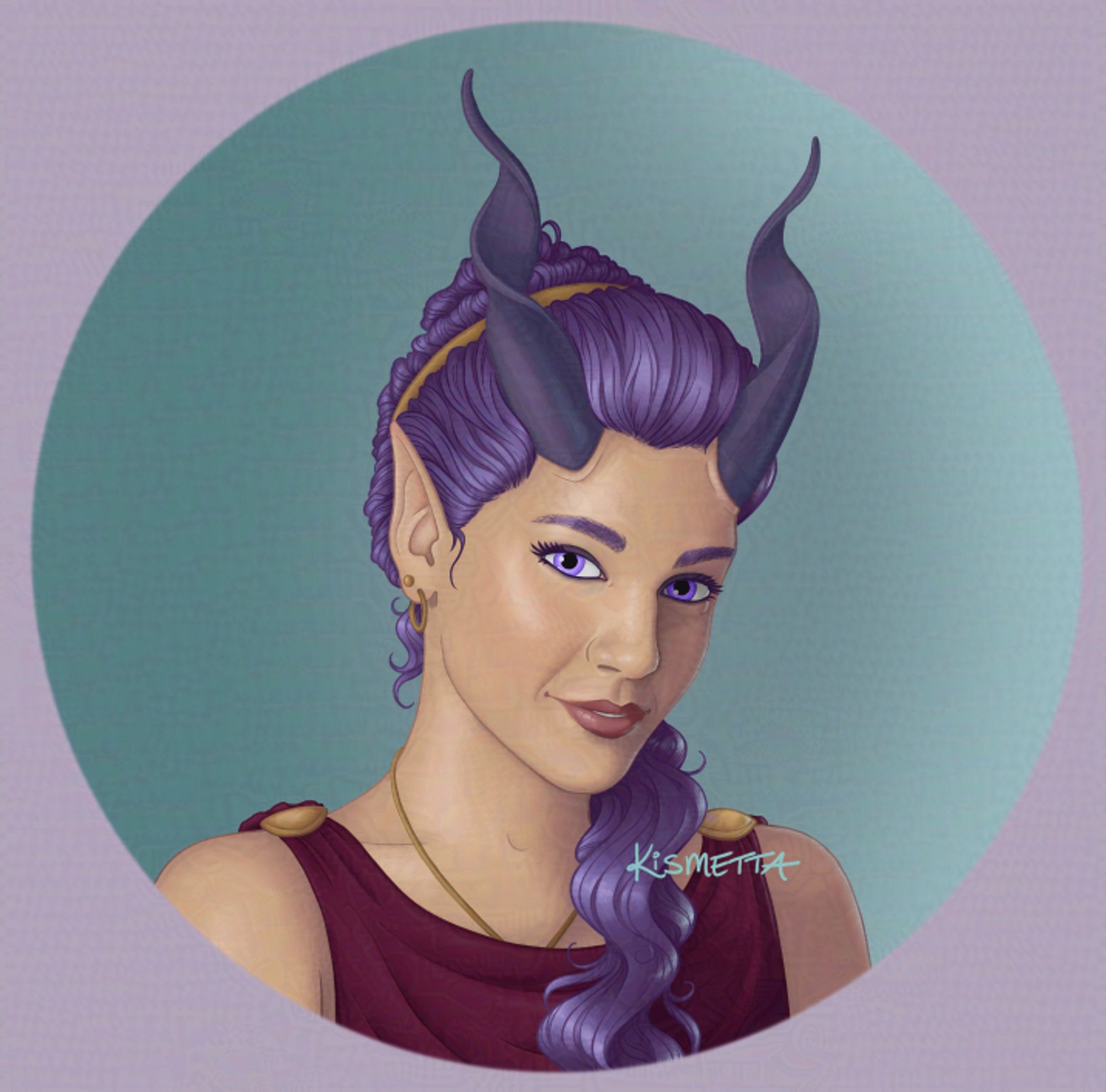 A portrait of a beautiful, young-looking woman. She has purple hair, light-purple eyes and spiral horns. Her hair is done up in a bun with a golden ribbon, and some hair is falling down her left shoulder. She has simple, gold jewellery and is wearing a burgundy Dorian Chiton. She is smiling faintly.