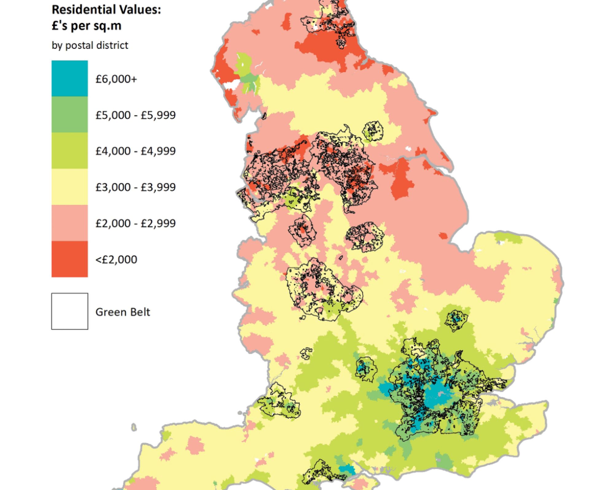 Figure 1: Residential values per square metre and the Green Belt. Heat map showing residential values and green belt boundaries